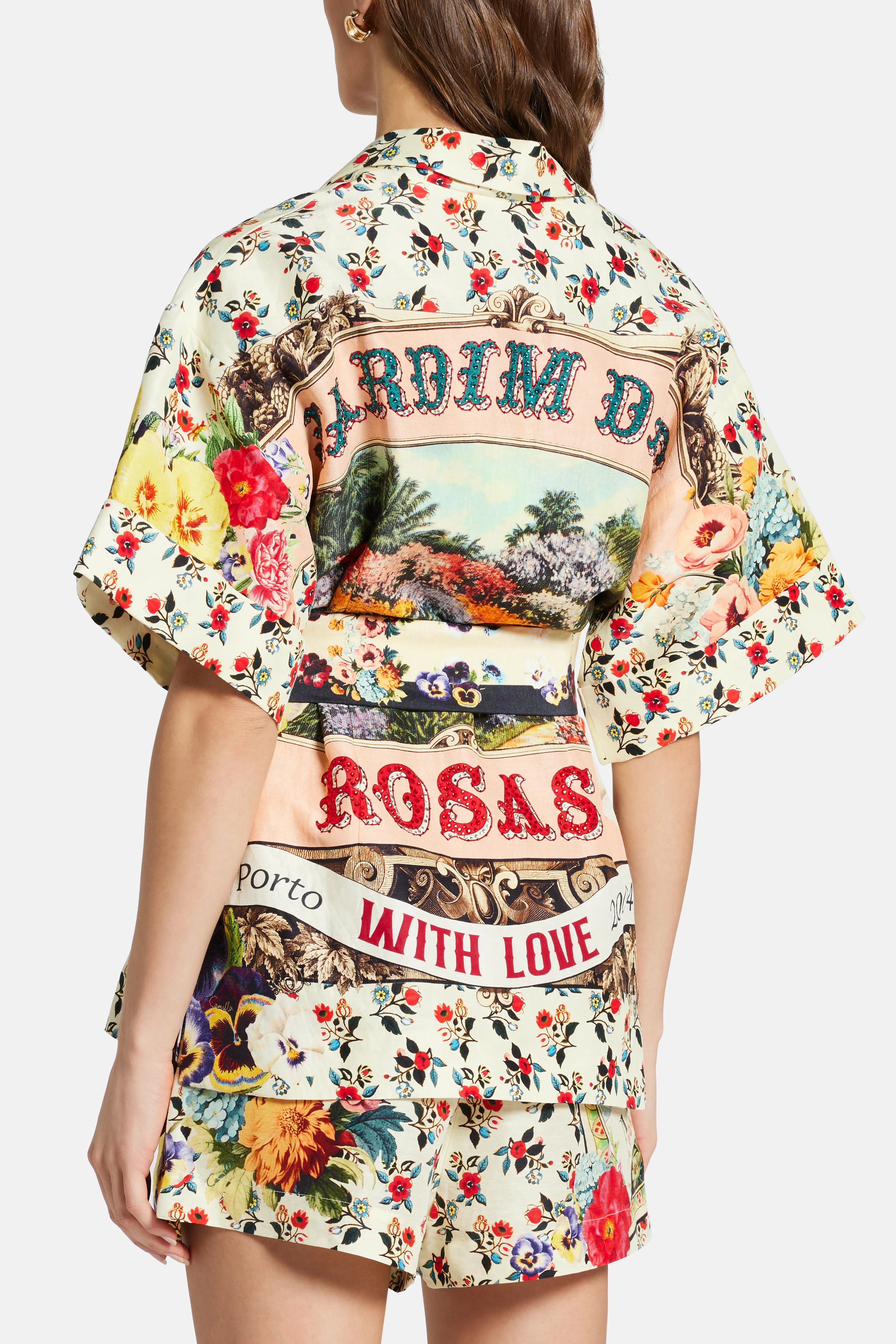 Floral Double Breasted Short Sleeves Linen And Silk Jacket in Red