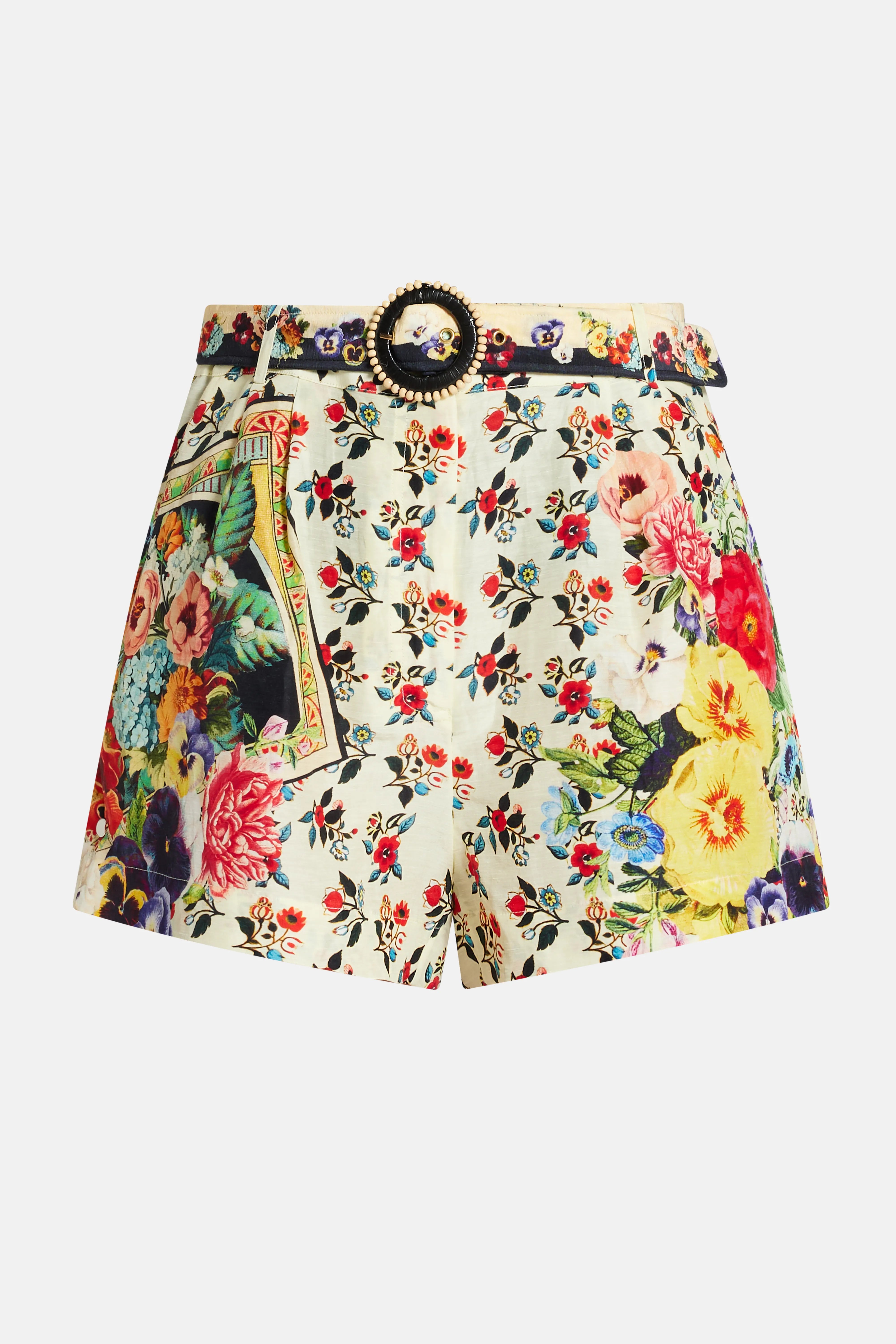 Floral Belted Tuck Front Linen And Silk Shorts in Red
