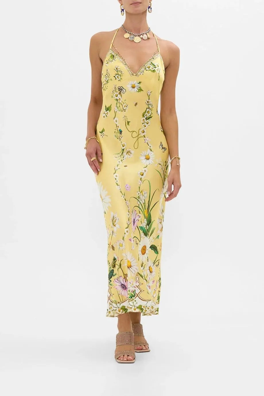 Daisy Chains Detail Sleeveless Floral Slik Slip Dress in Yellow