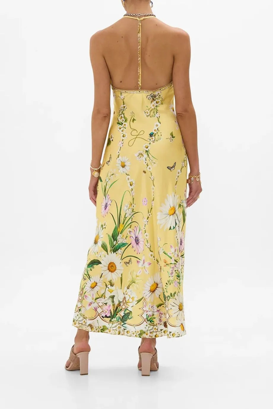 Daisy Chains Detail Sleeveless Floral Slik Slip Dress in Yellow
