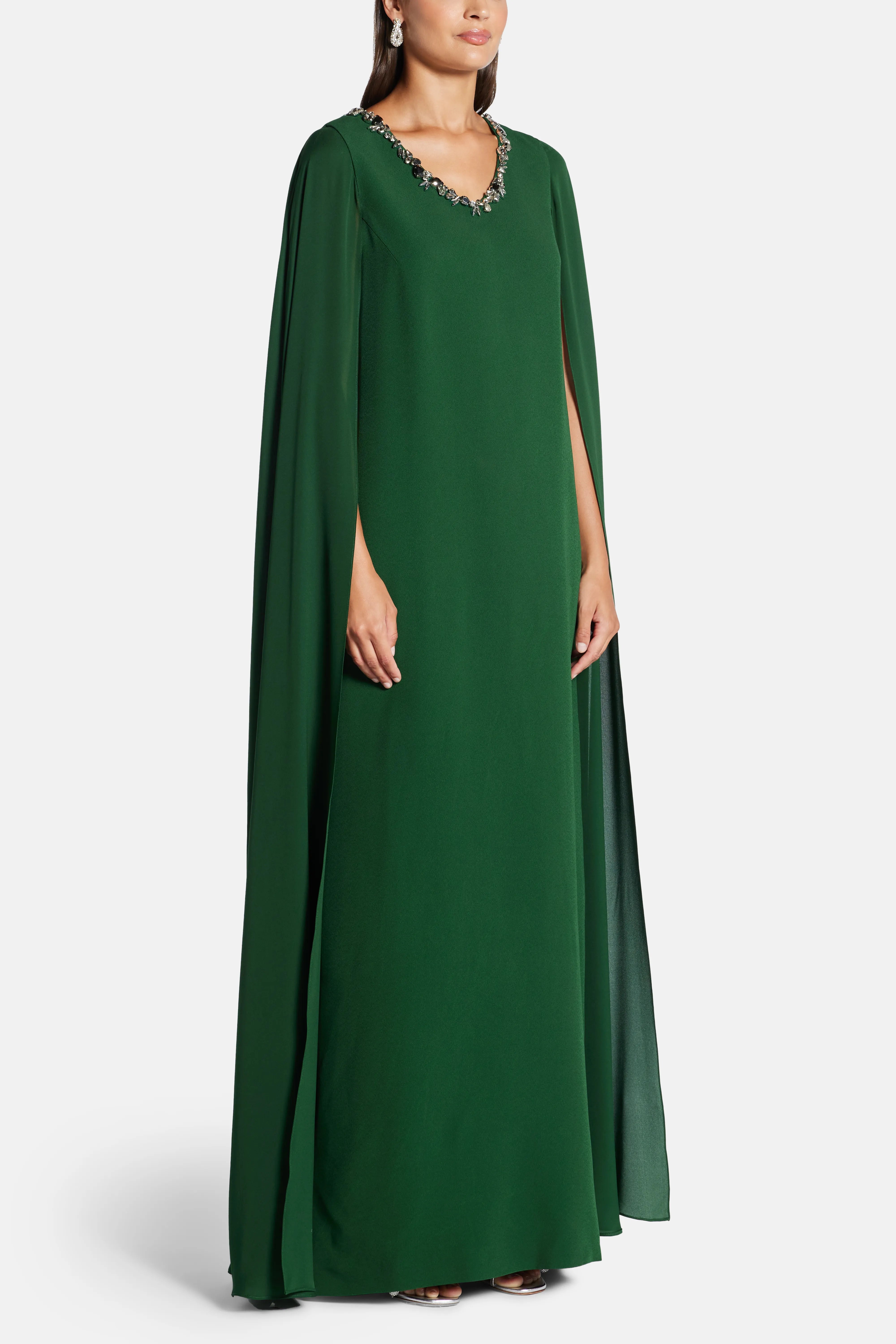 Embellished Neck With Cape Sleeves Evening Gown in Green