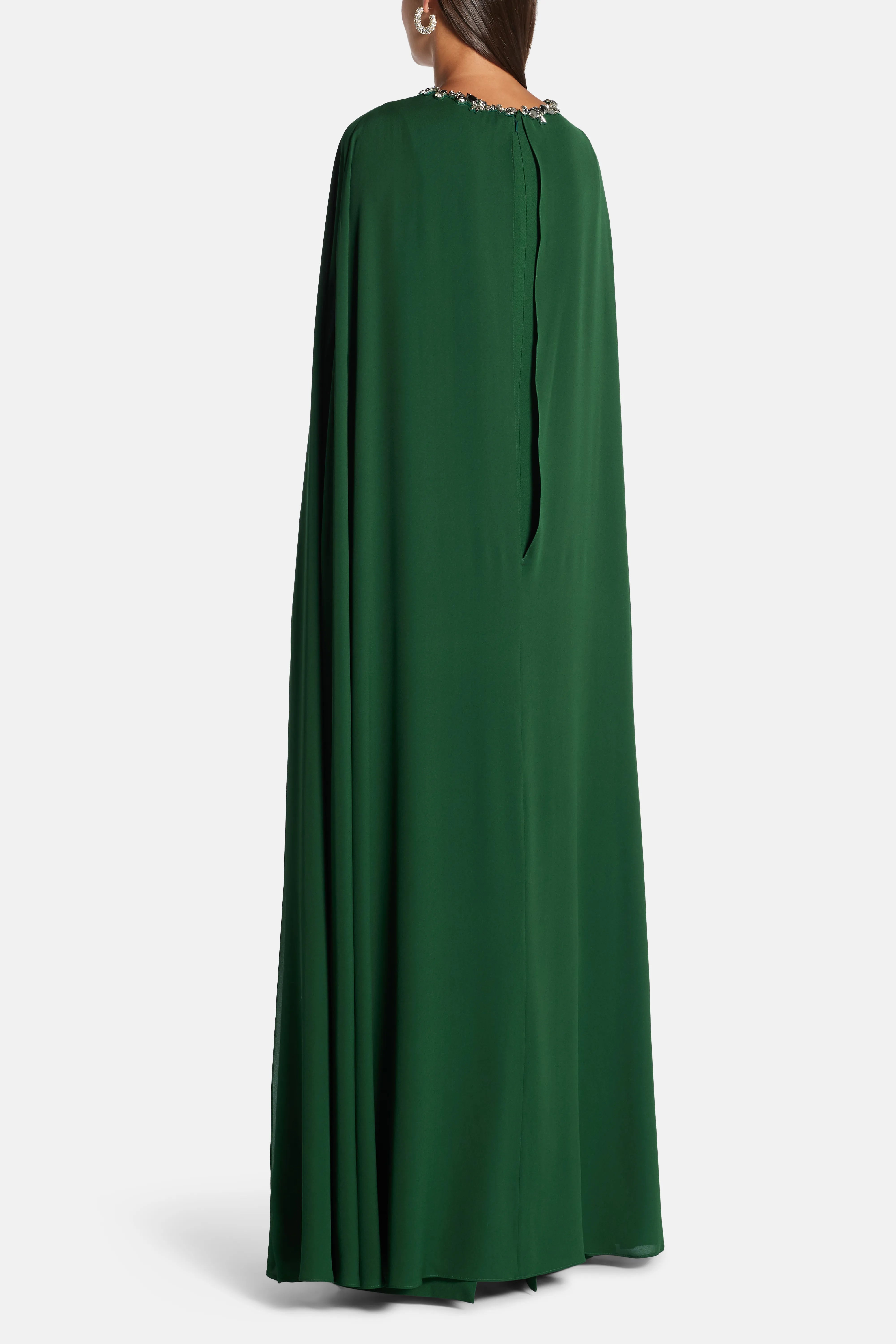 Embellished Neck With Cape Sleeves Evening Gown in Green