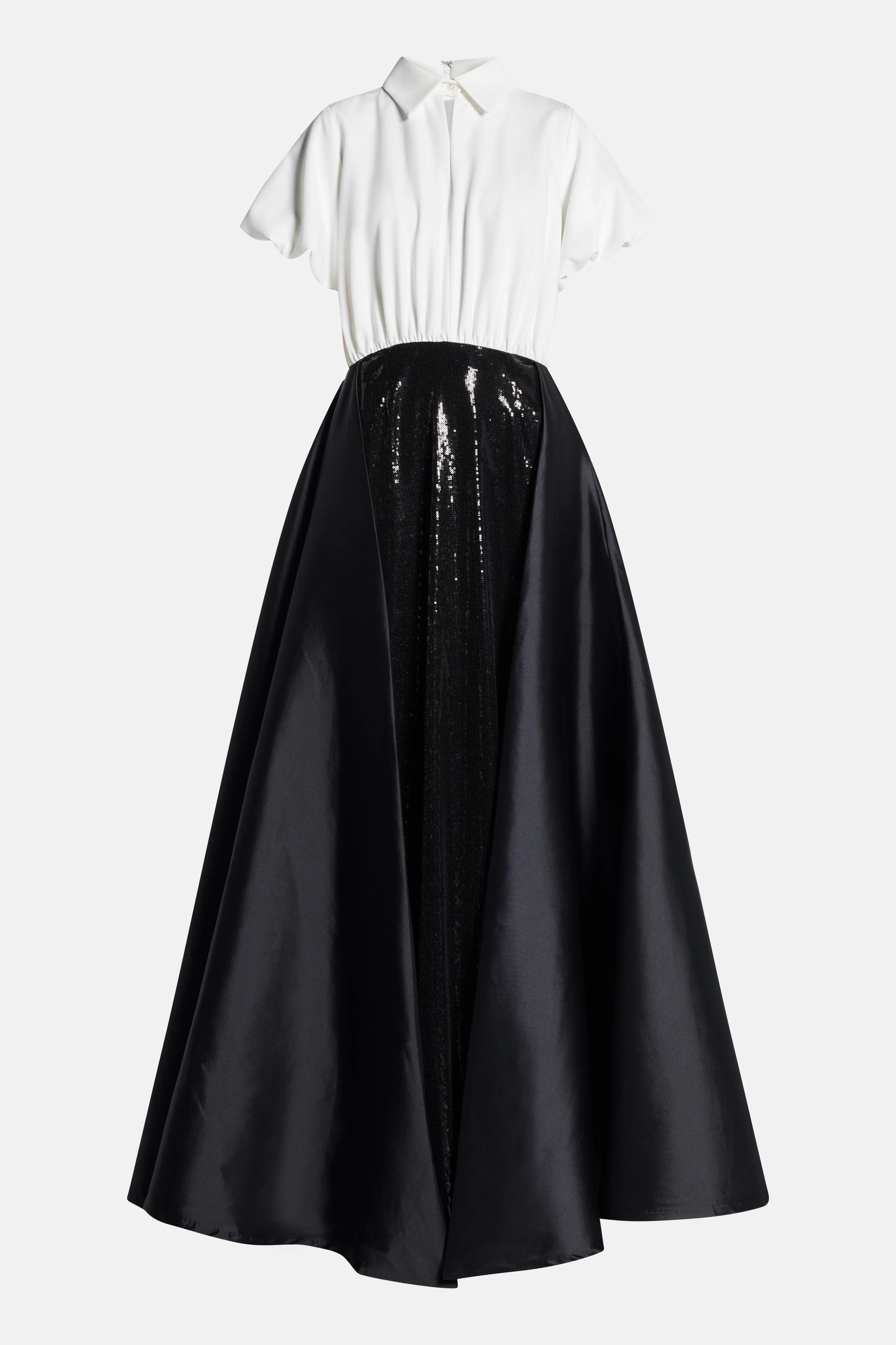 Collared Evening Dress with Skirt Overlay in Black and White