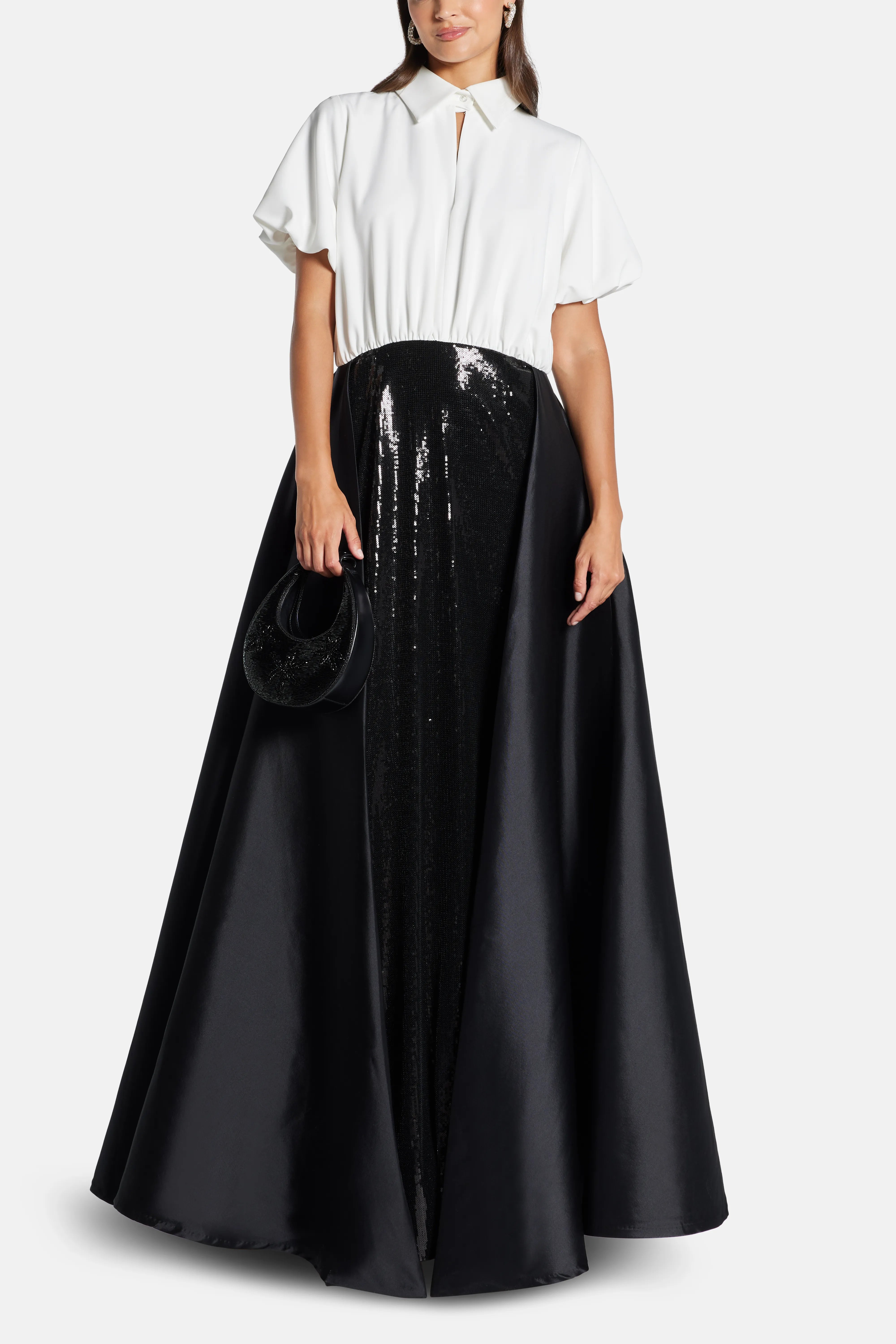 Collared Evening Dress with Skirt Overlay in Black and White