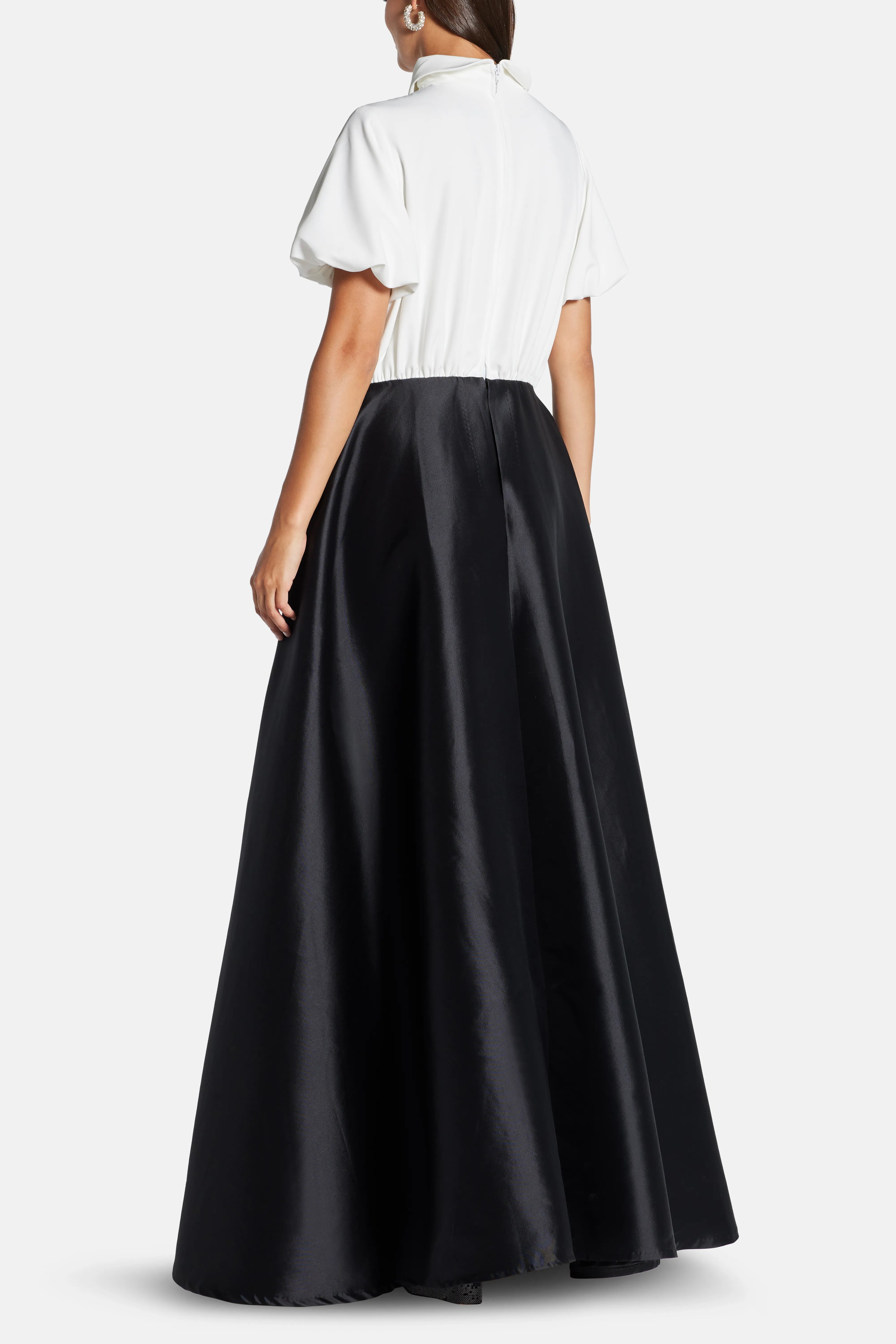 Collared Evening Dress with Skirt Overlay in Black and White