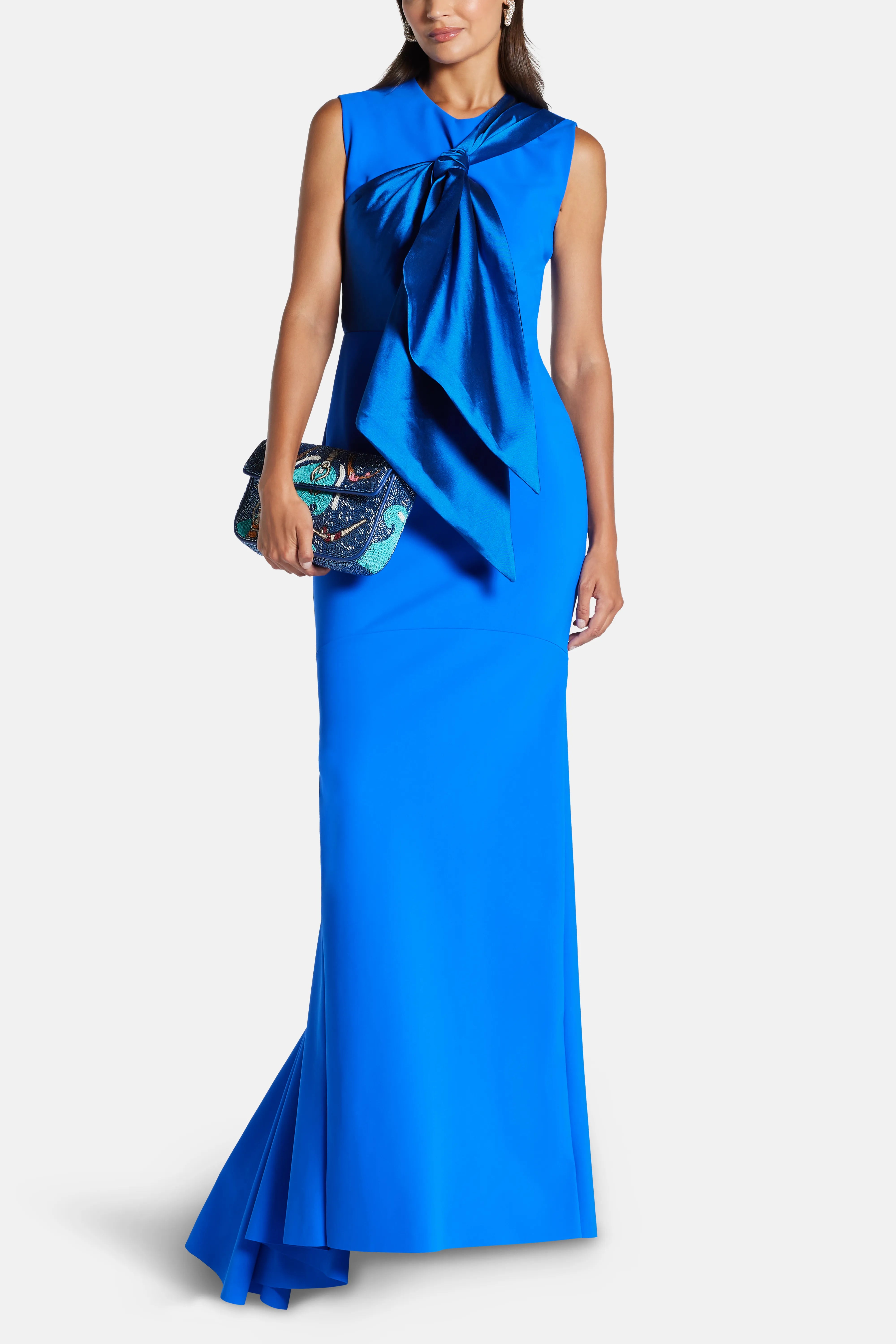 Floral Applique Contrast A-Line Evening Gown in Blue