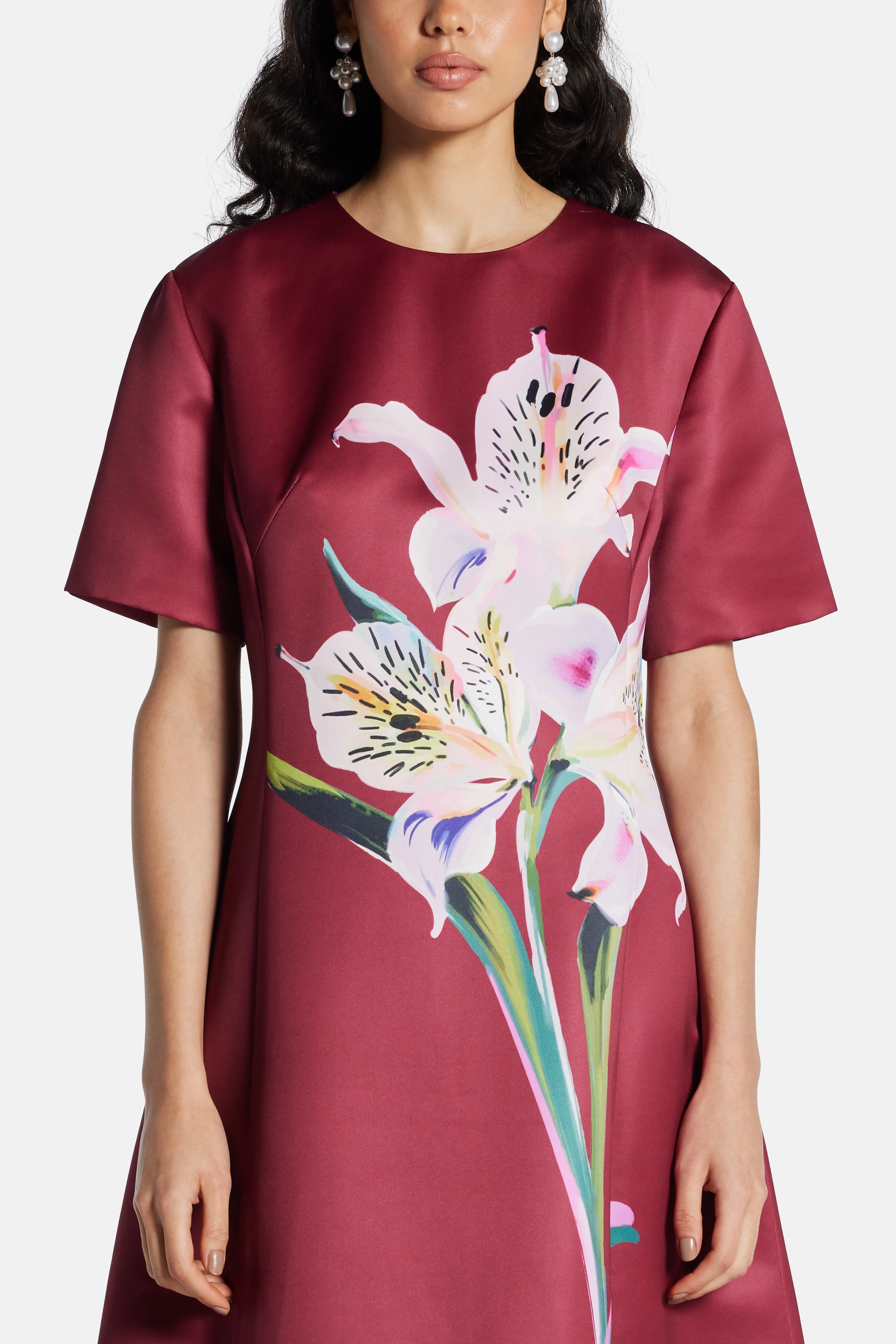 Caroline Short Sleeve Floral Applique Midi Dress In Burgundy
