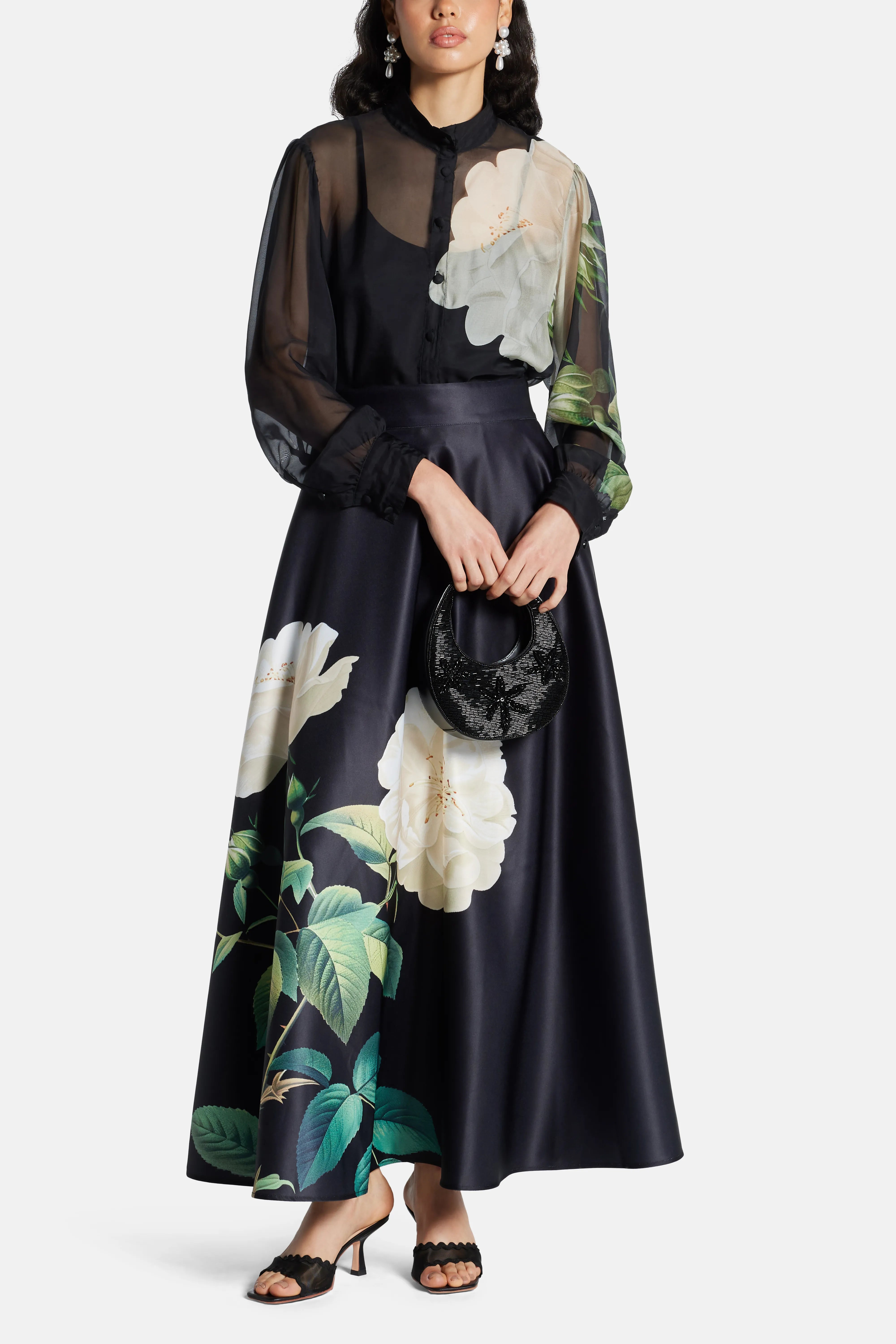 Alma Floral Sheer Silk Blouse In Black
