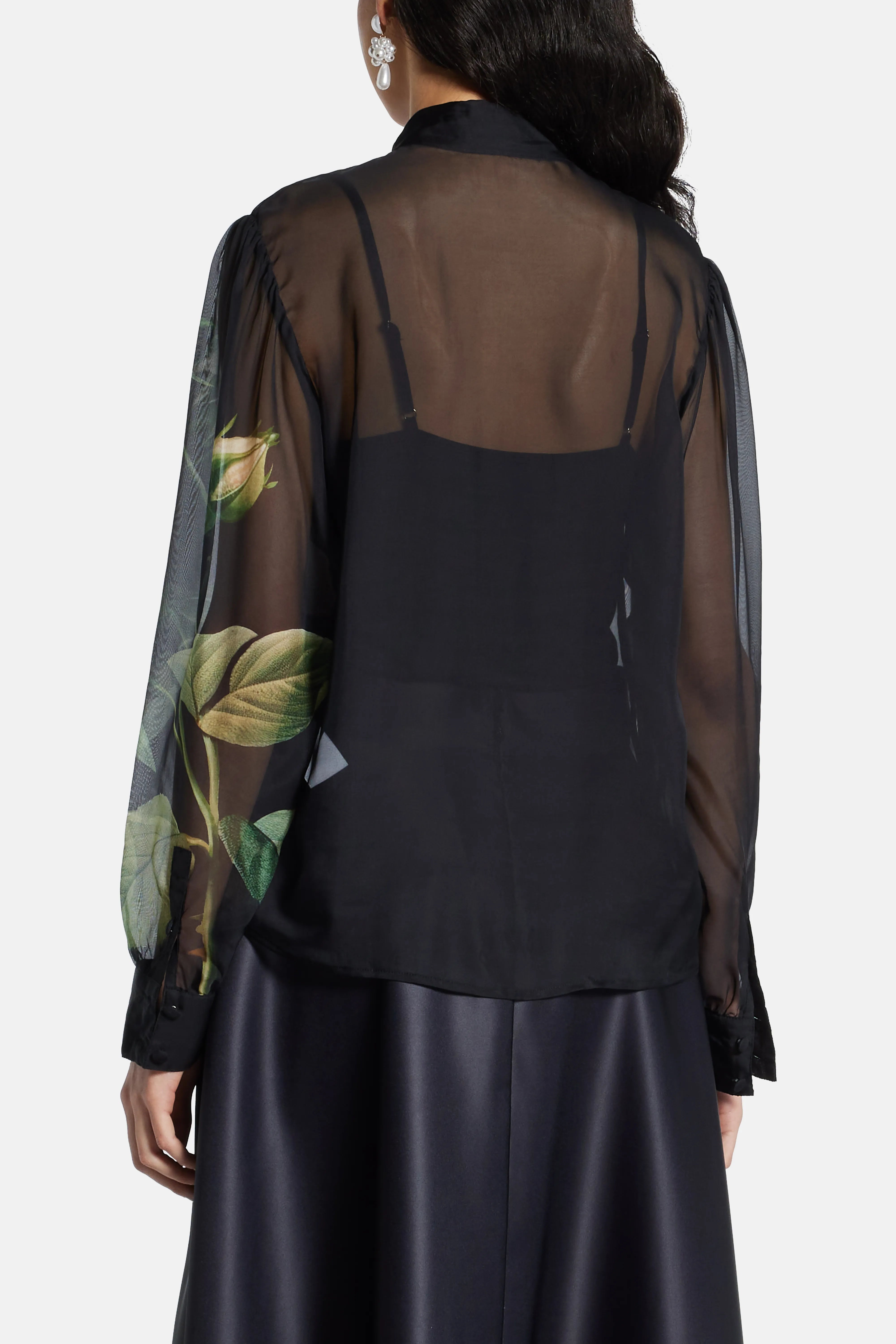 Alma Floral Sheer Silk Blouse In Black