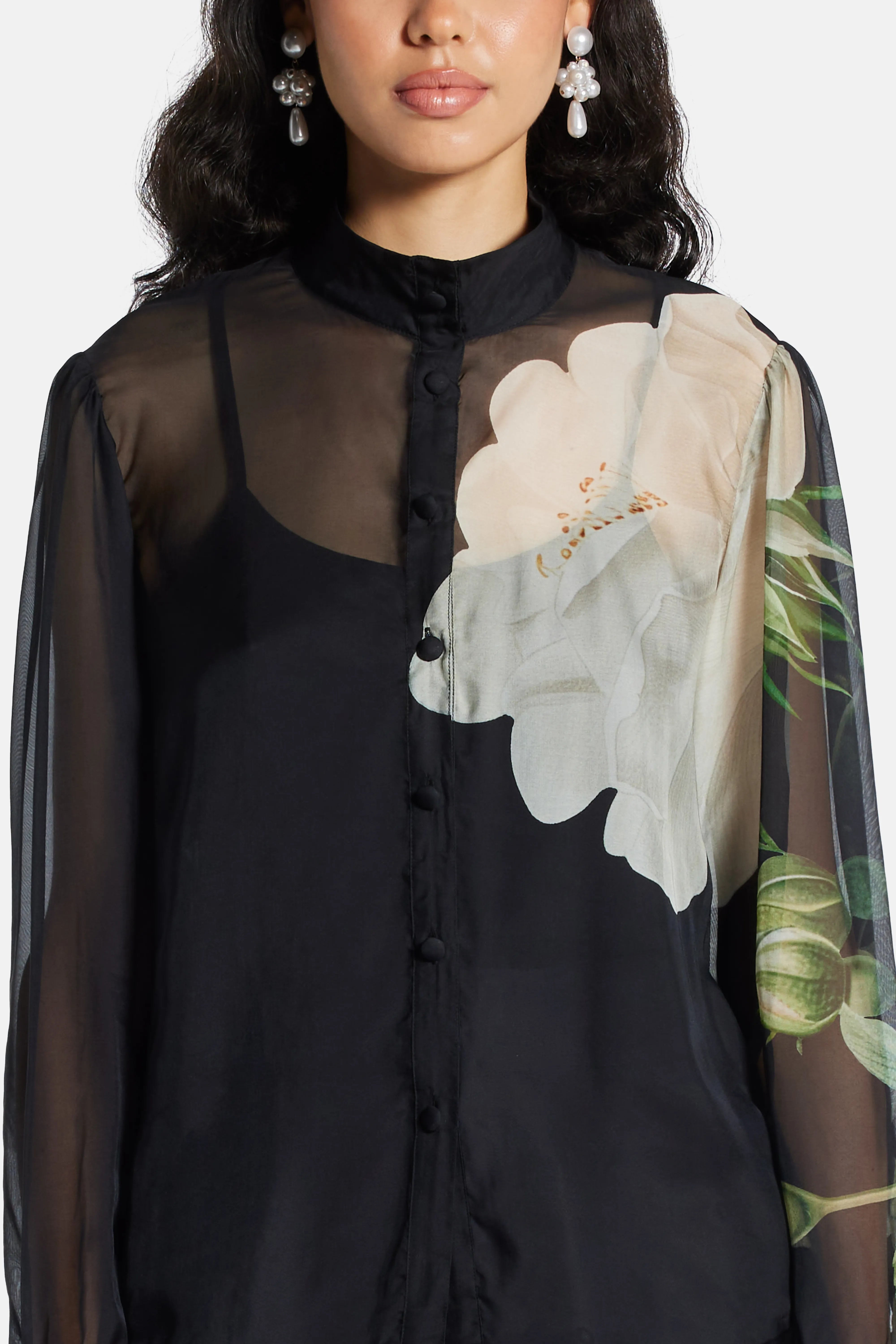 Alma Floral Sheer Silk Blouse In Black