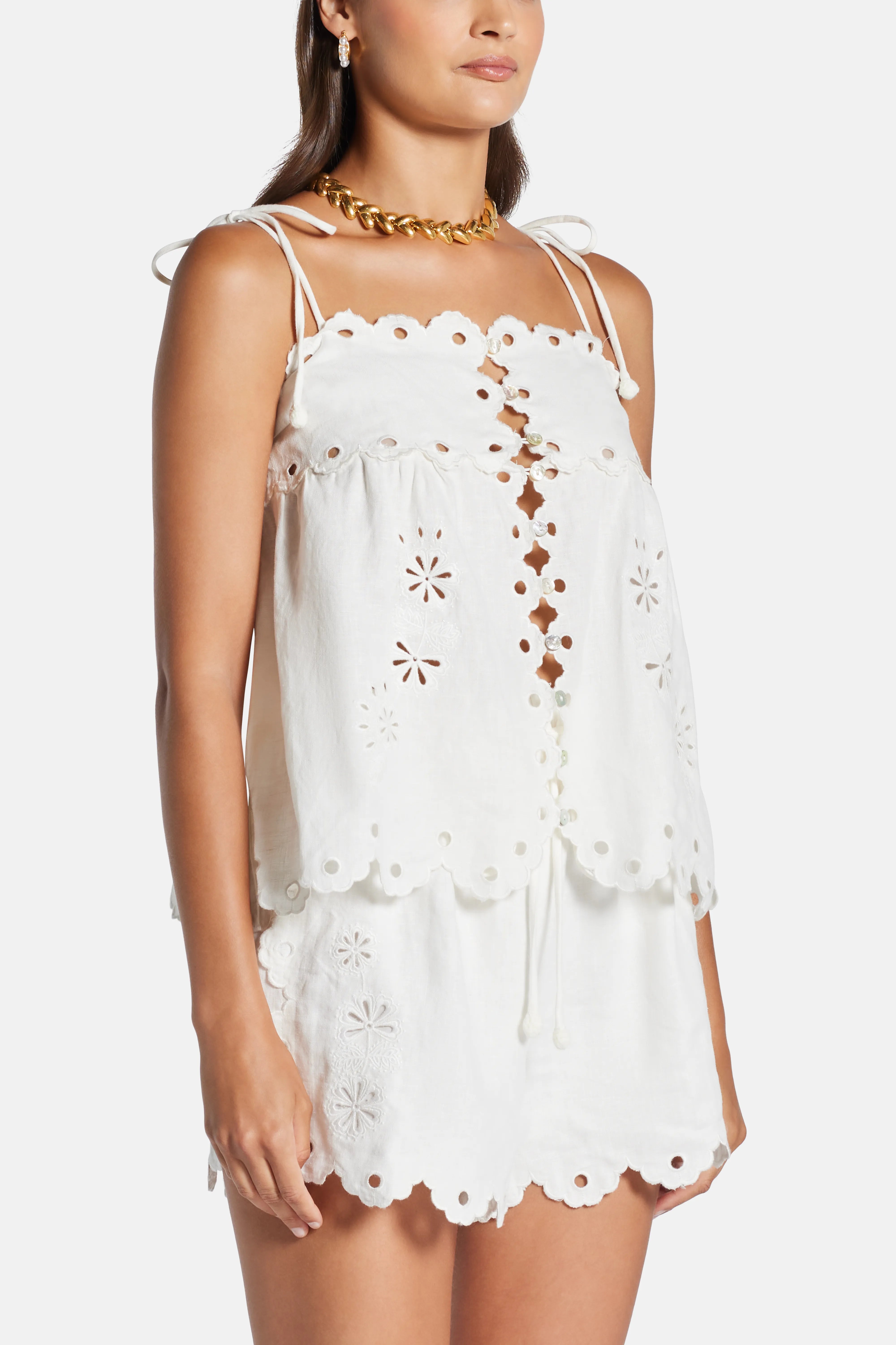 Flowers Richelieu Sleeveless Linen Blouse In White