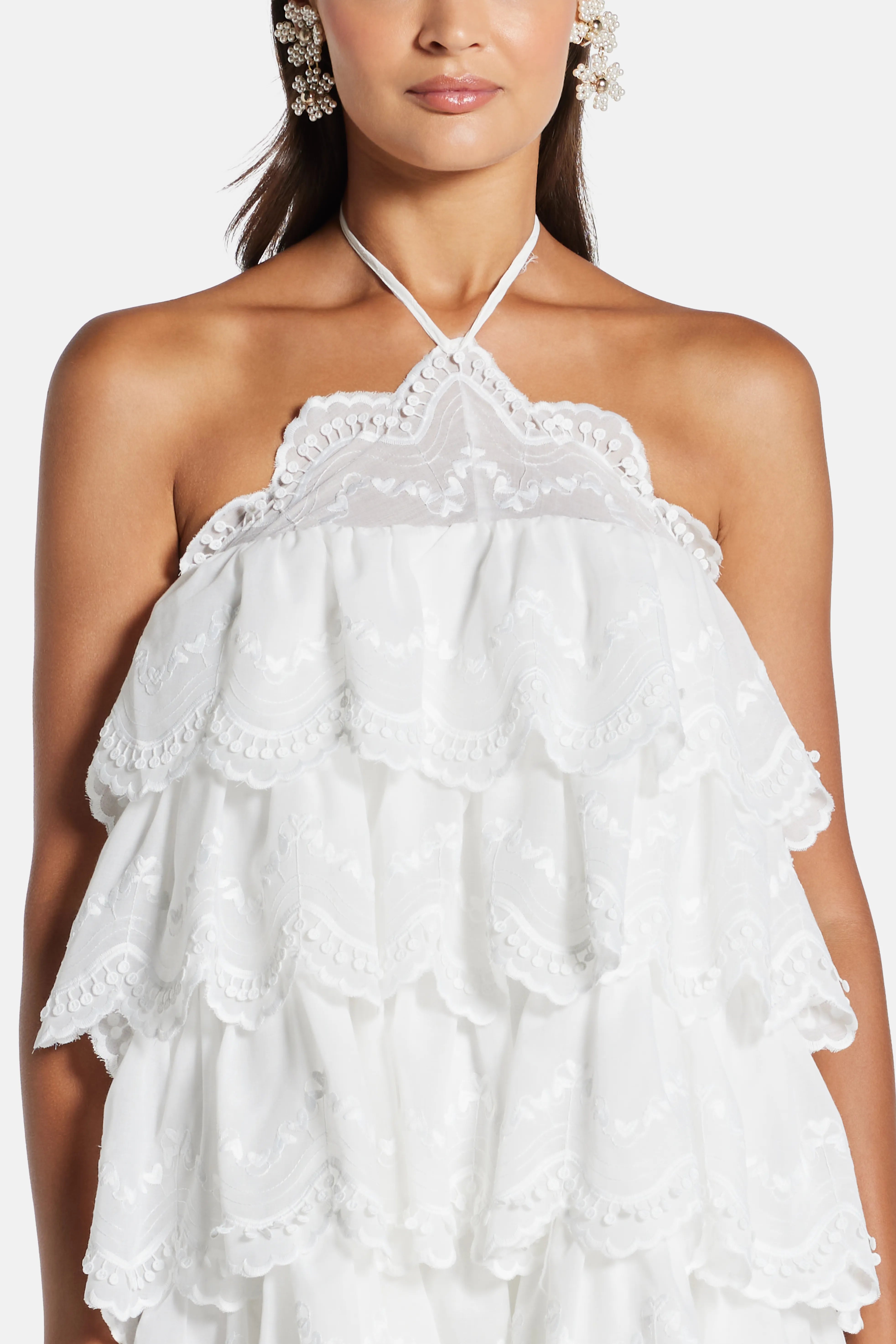 Phi Phi Halter Neck Ruffle Cotton Mini Dress in White