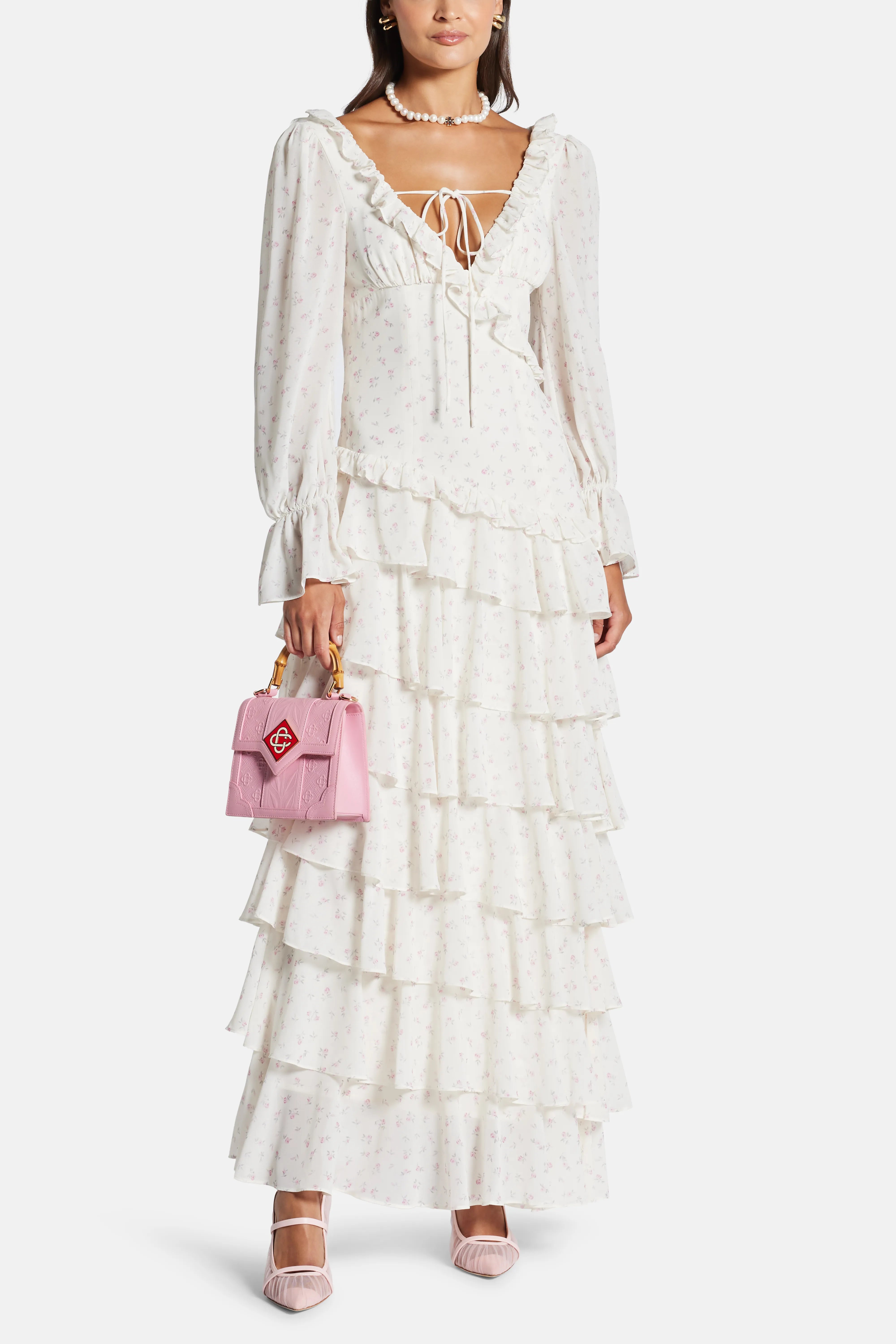 Ruffle Tiered Low Back Maxi Dress in White