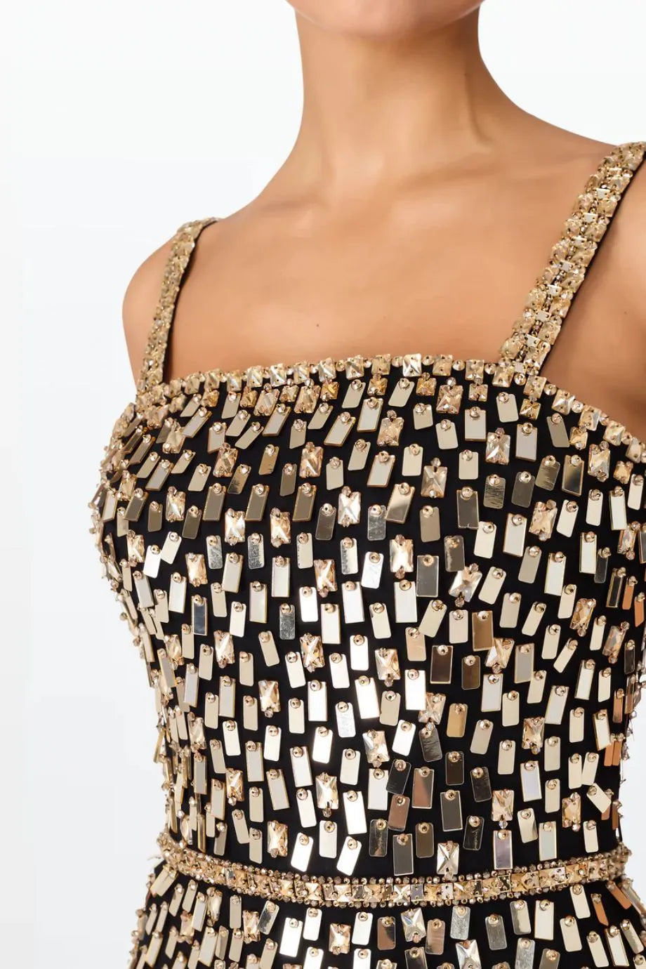 Juliette Sequins Embellished Sleeveless Evening Gown in Black and Gold