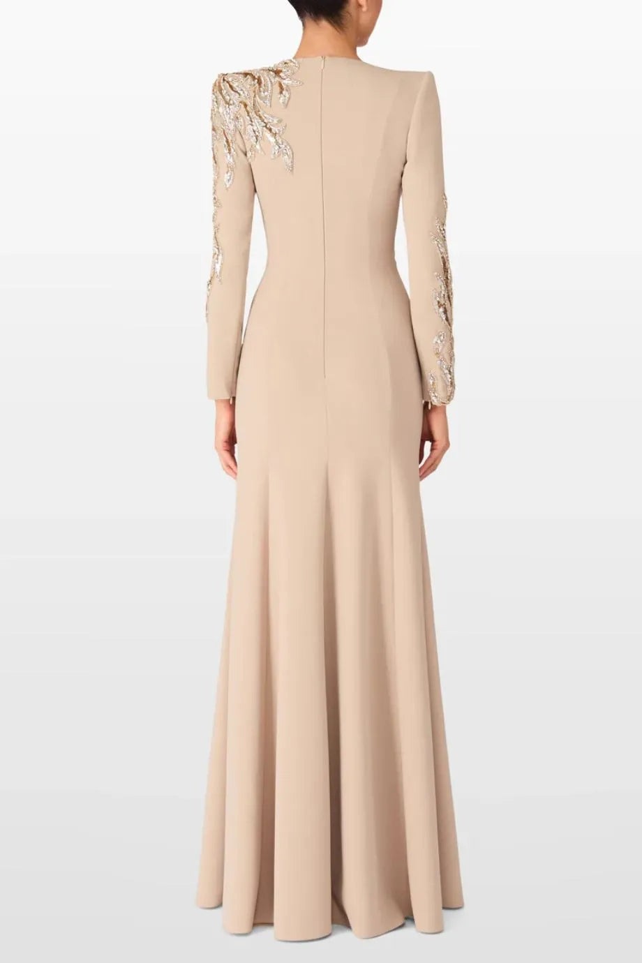 Honor Embellished Neck and Sleeves Evening Gown in Beige
