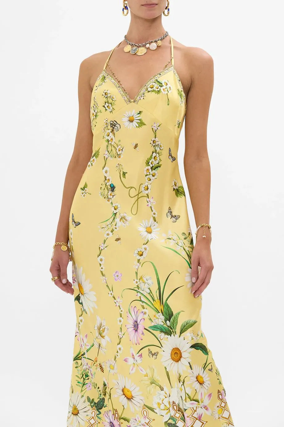 Daisy Chains Detail Sleeveless Floral Slik Slip Dress in Yellow
