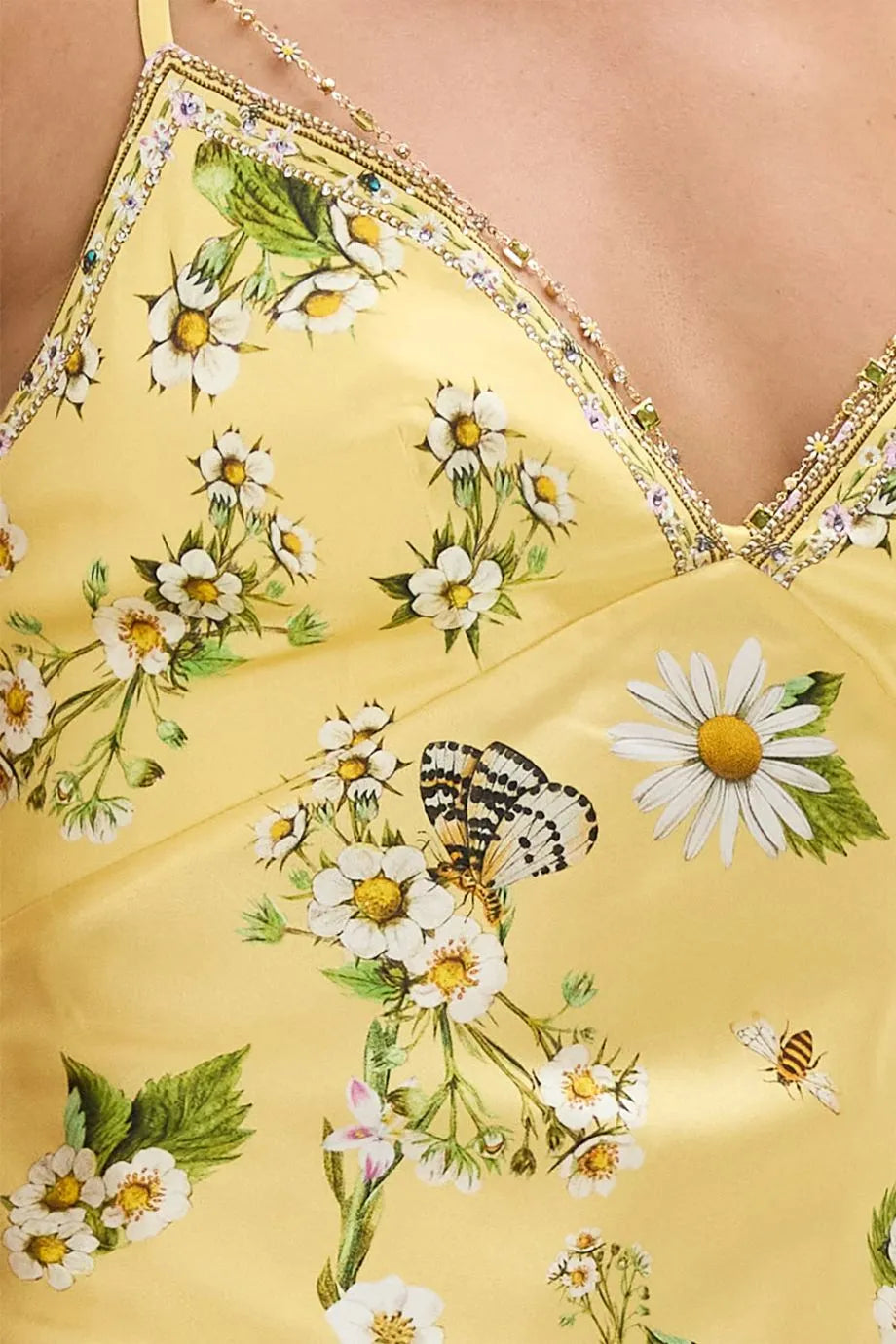Daisy Chains Detail Sleeveless Floral Slik Slip Dress in Yellow
