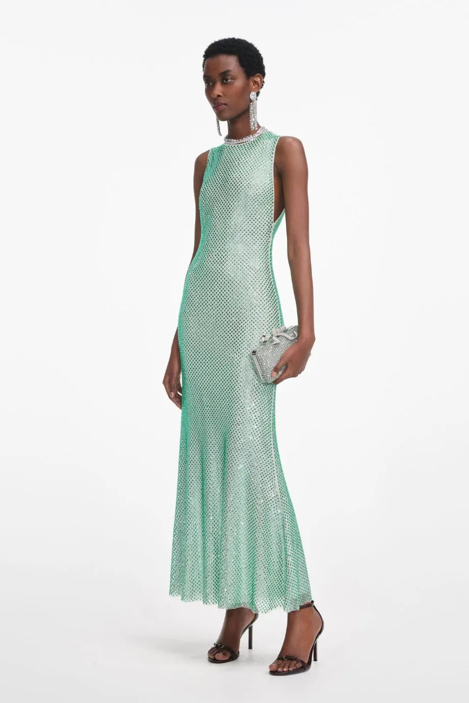 Rhinestone Mesh Sleeveless Evening Dress in Green