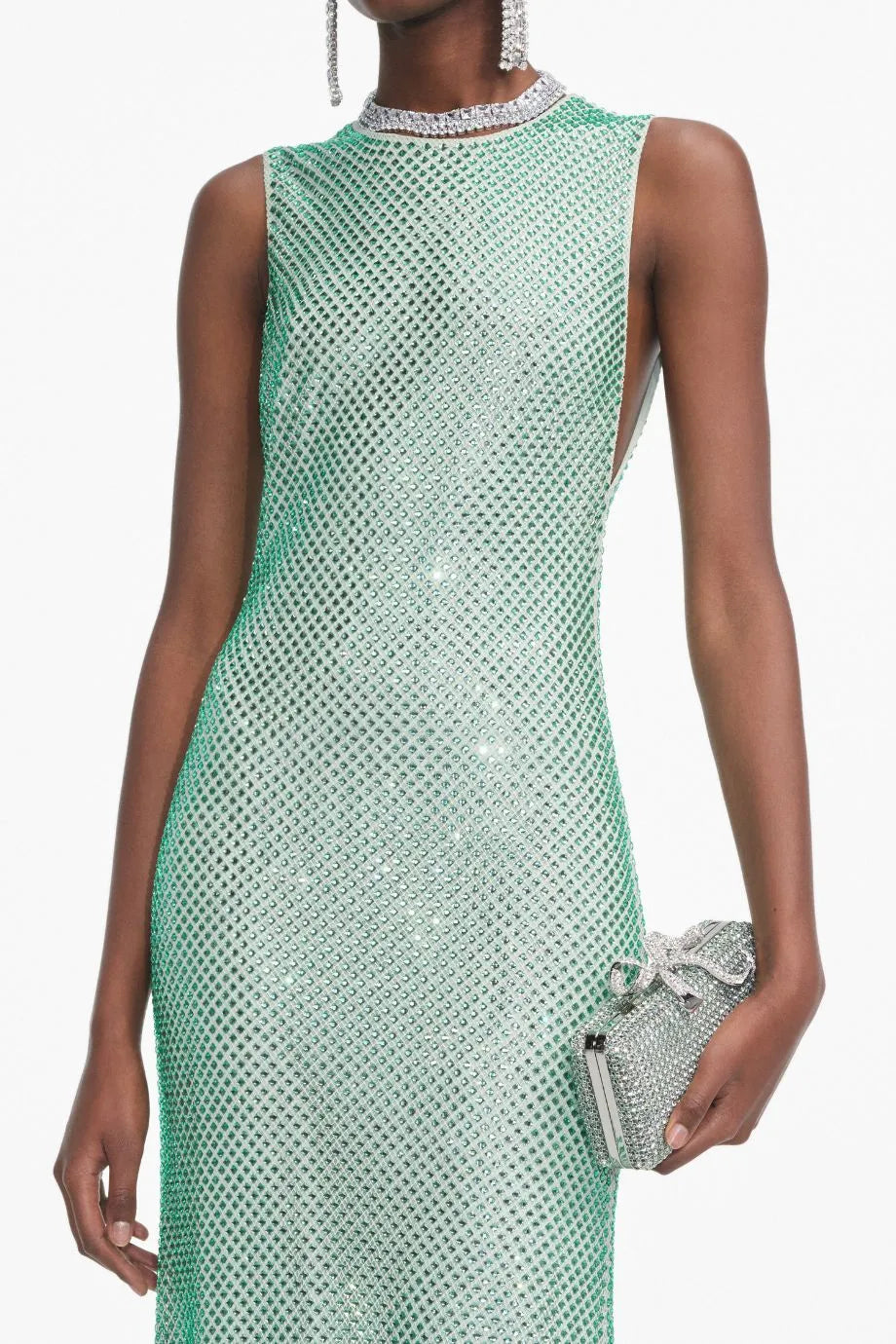 Rhinestone Mesh Sleeveless Evening Dress in Green