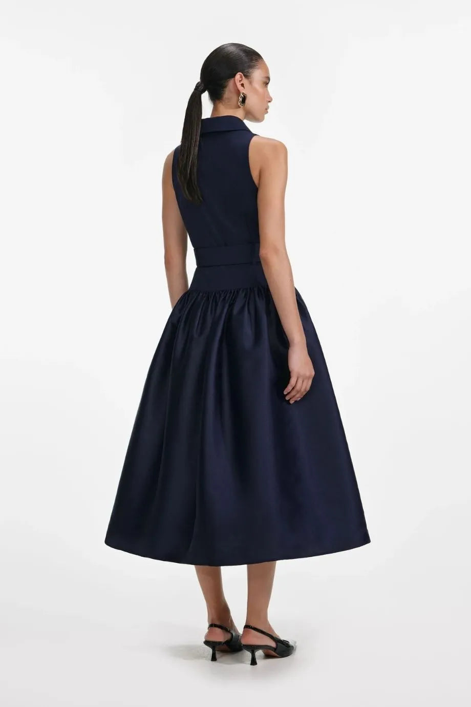 Belted Twill Sleeveless Midi Dress in Blue