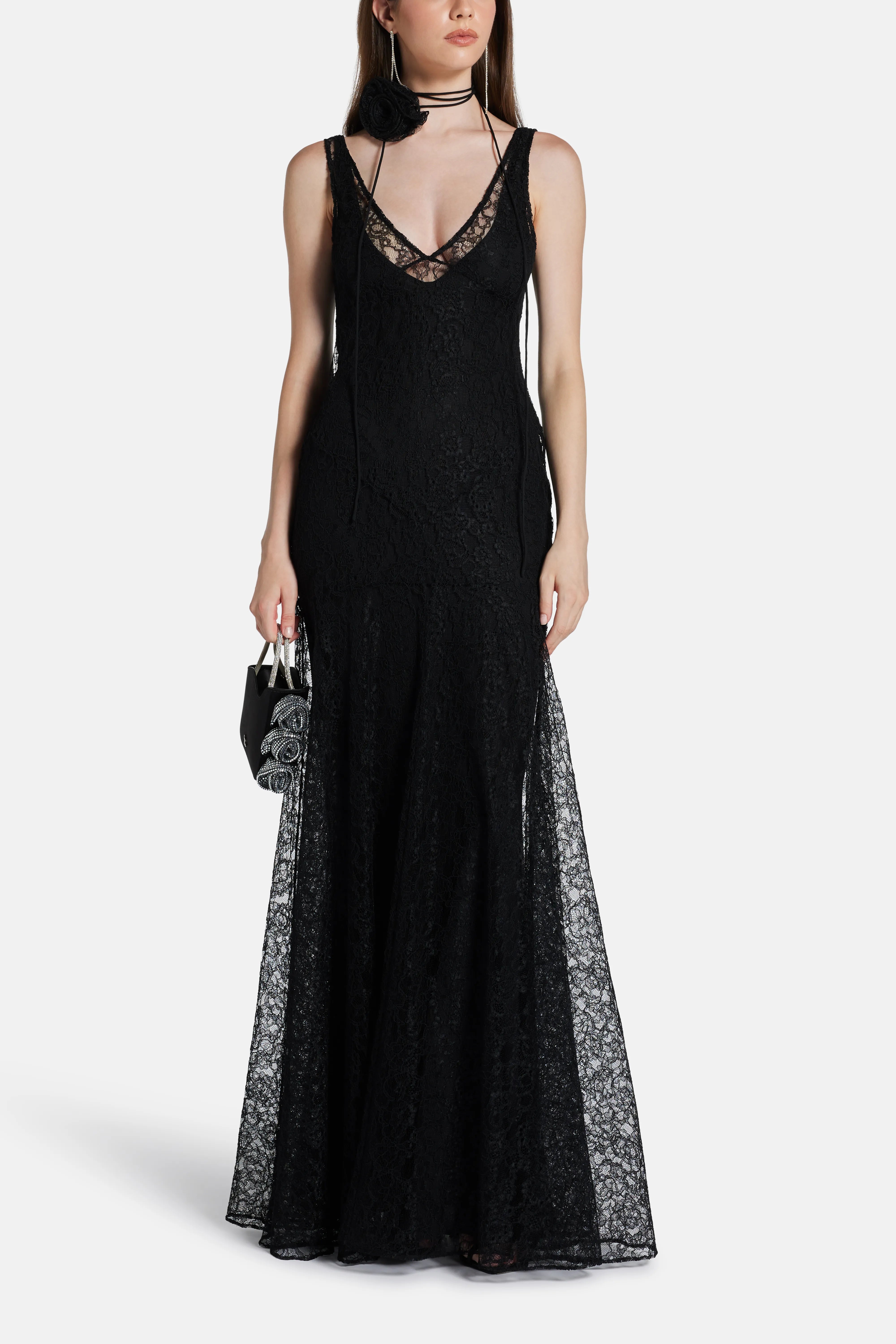 Persephone Lace Cotton Sleeveless Maxi Dress With Rose Neck Piece in Black