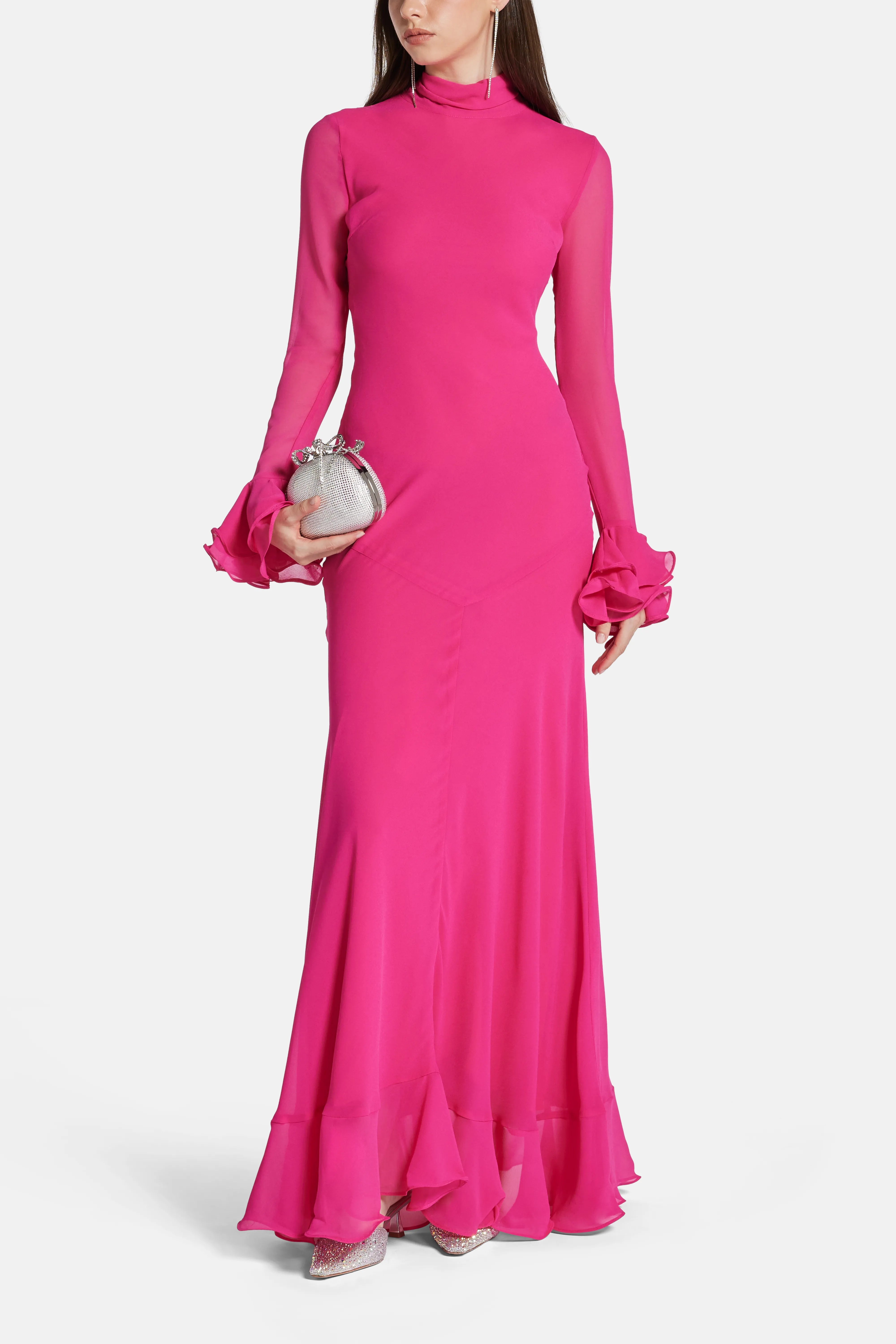 Daira Chiffon Maxi Dress With Cuffs Detail in Pink