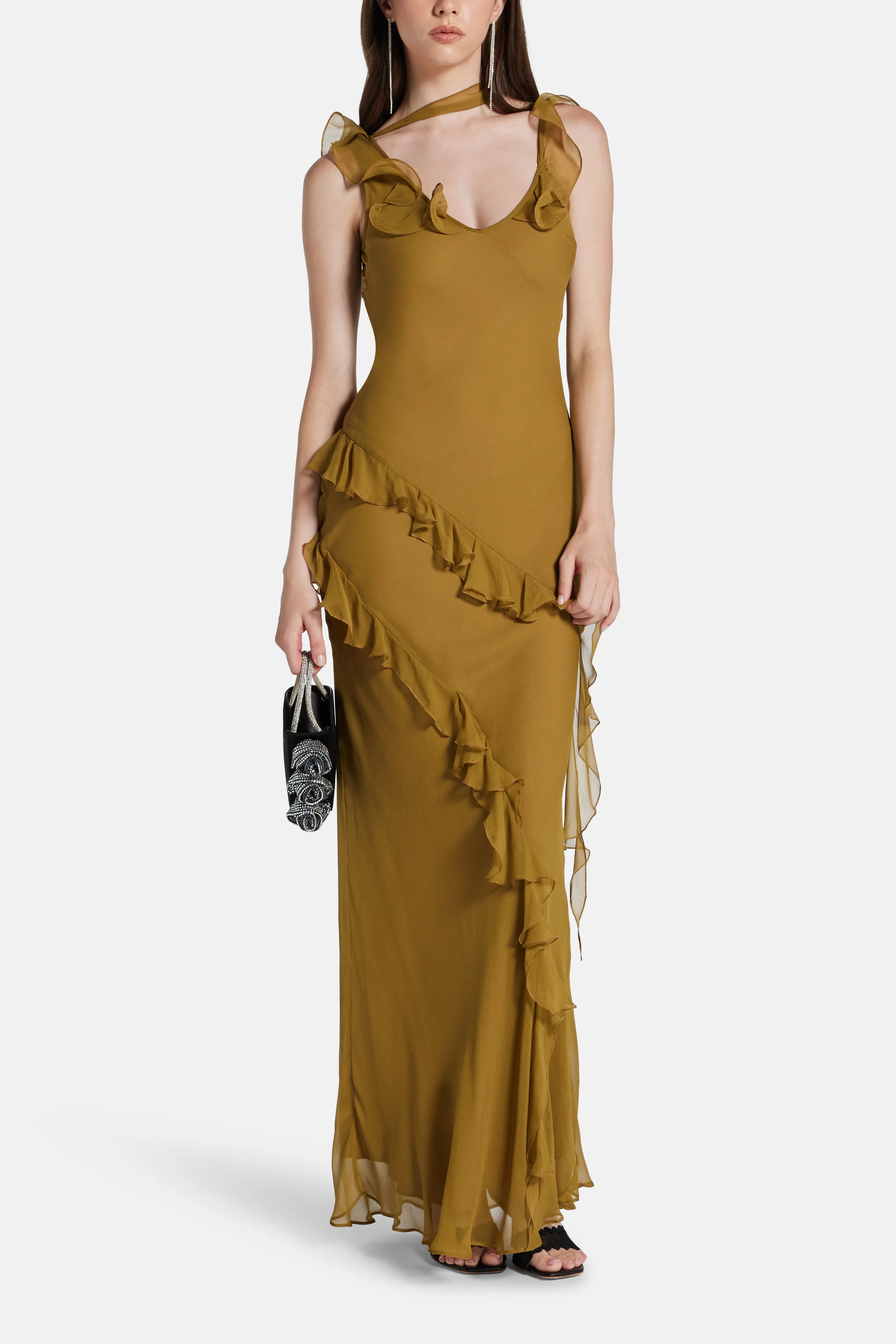 Hemera Sleeveless Ruffle Silk Chiffon Maxi Dress With Detachable Scarf in Brown