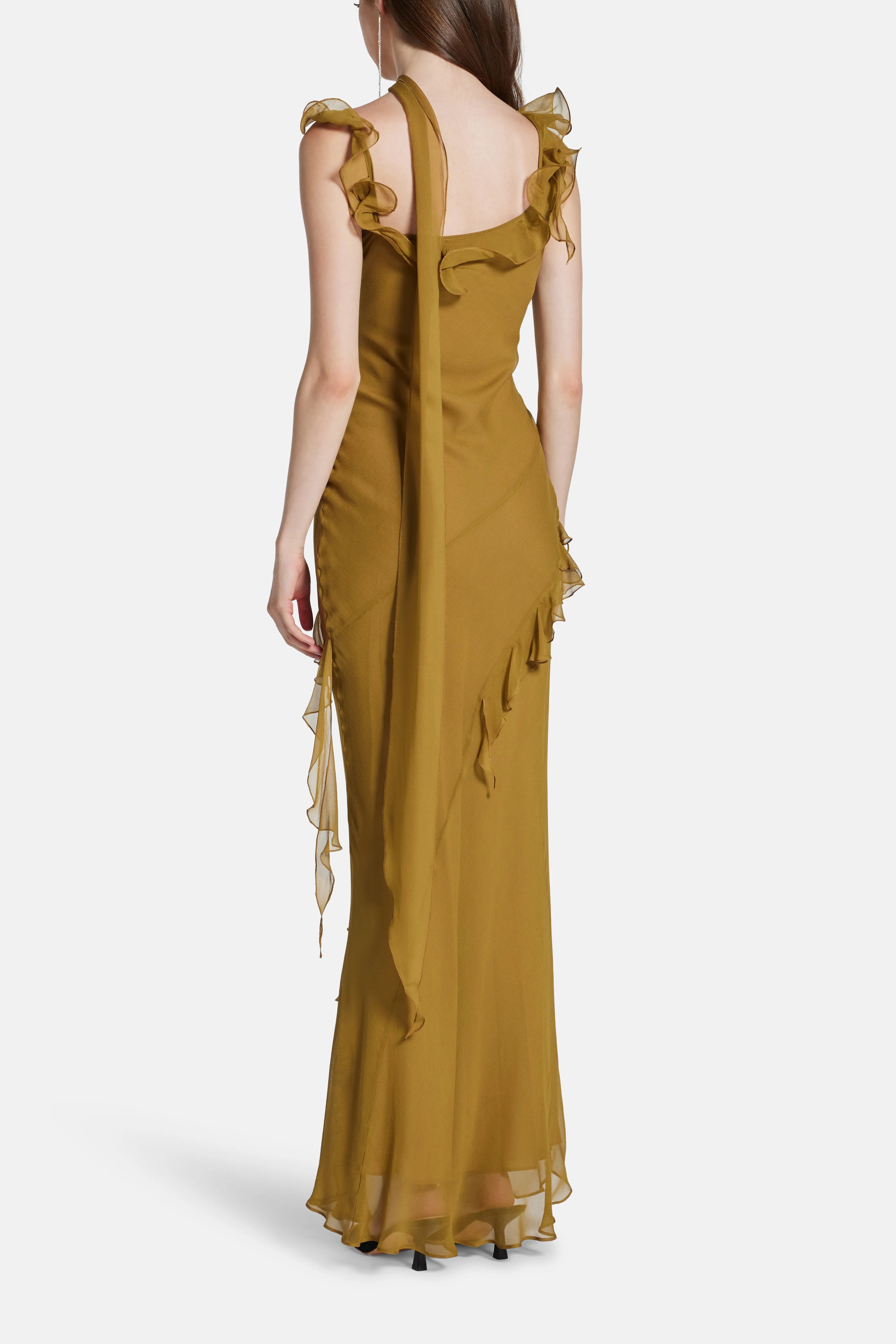 Hemera Sleeveless Ruffle Silk Chiffon Maxi Dress With Detachable Scarf in Brown