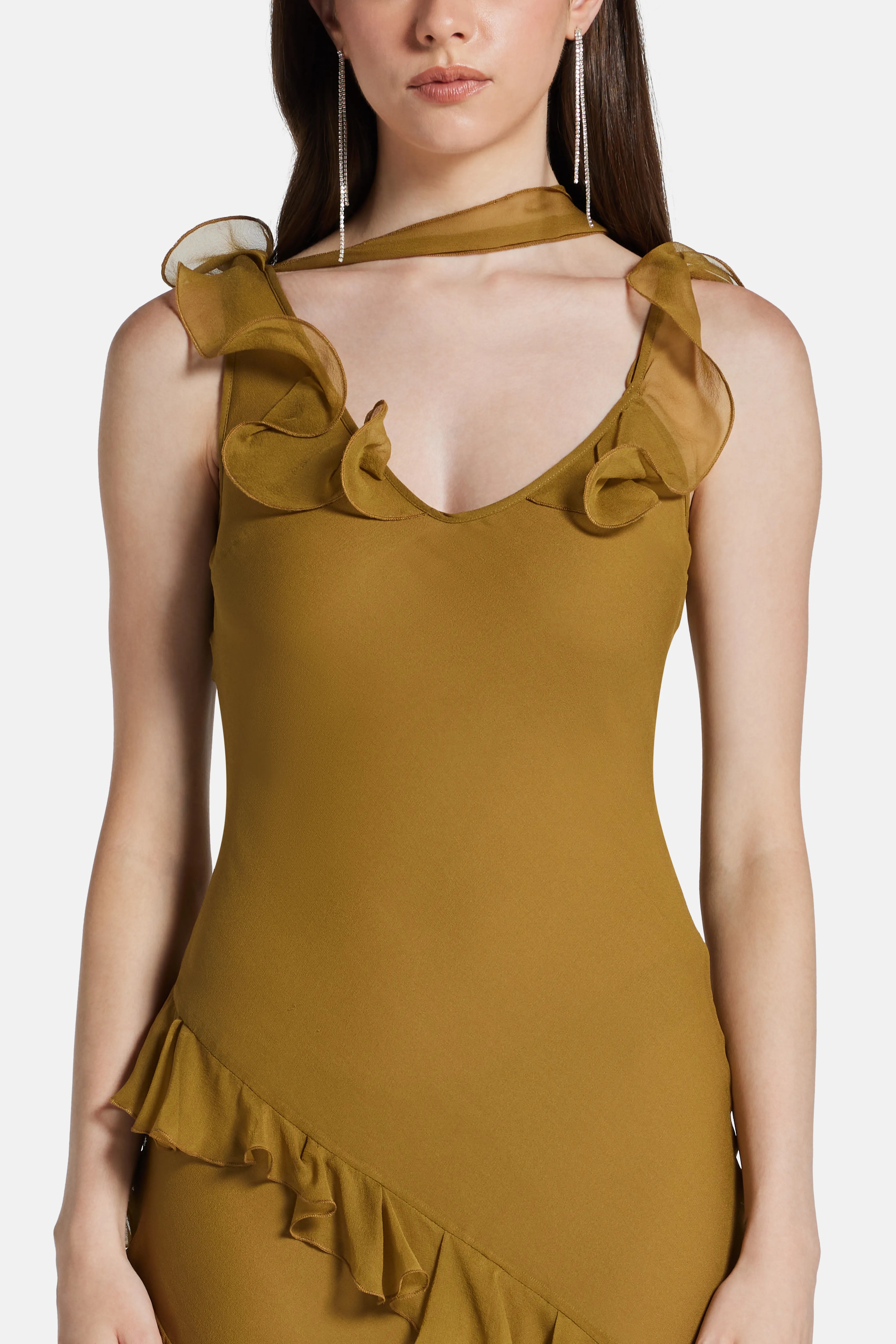Hemera Sleeveless Ruffle Silk Chiffon Maxi Dress With Detachable Scarf in Brown
