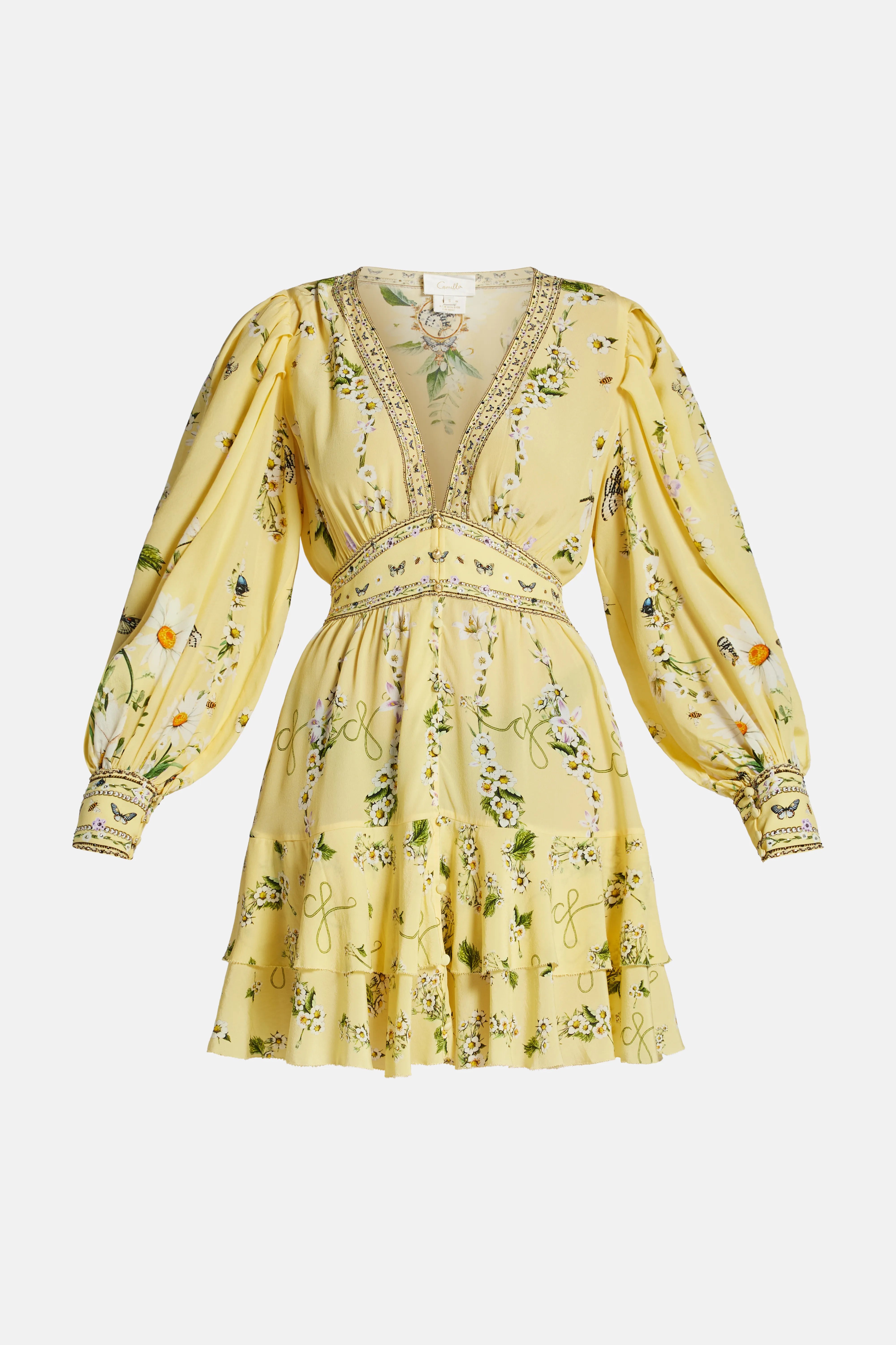 Daisy Chains Button Front Floral Frill Silk Mini Dress in Yellow