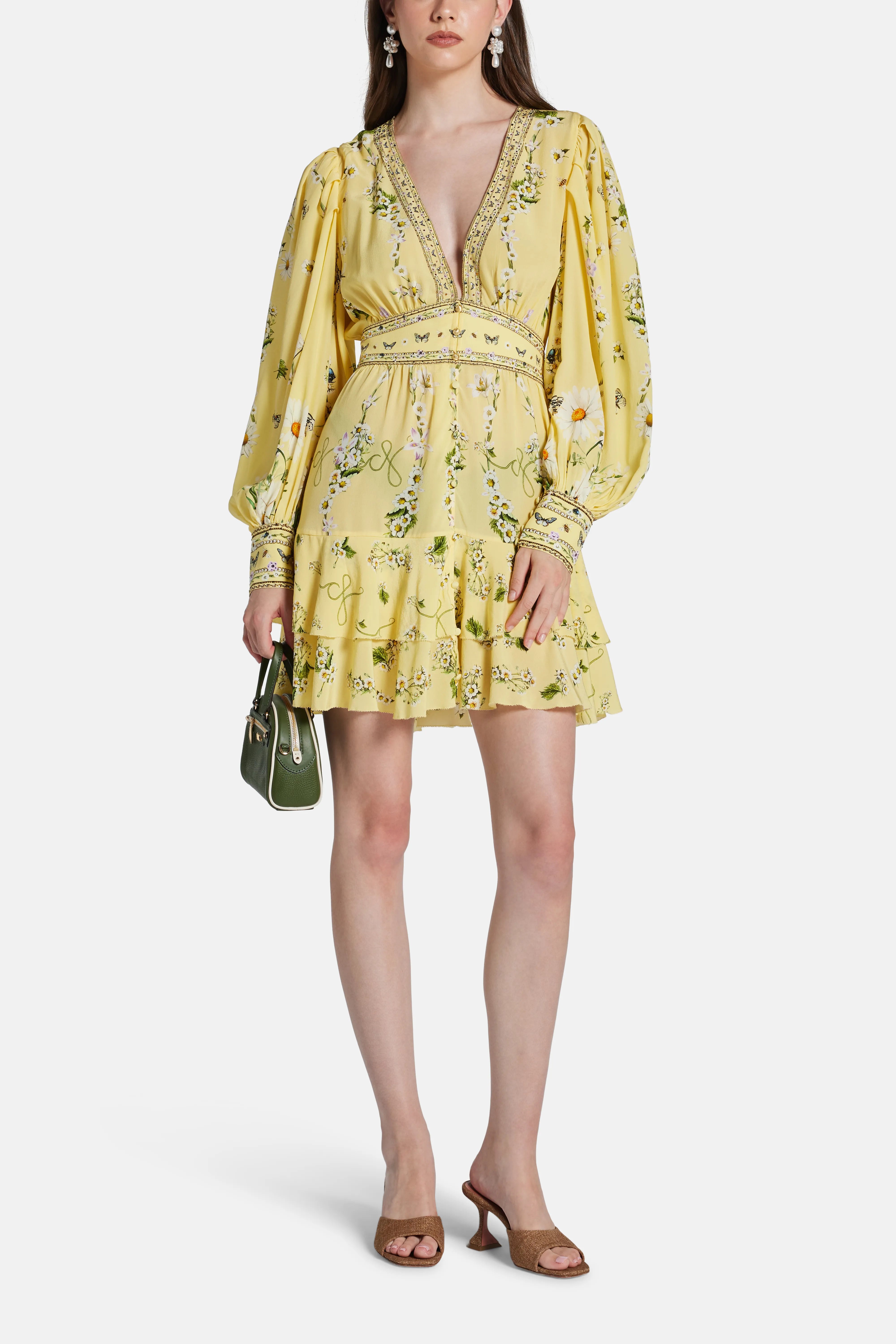 Daisy Chains Button Front Floral Frill Silk Mini Dress in Yellow