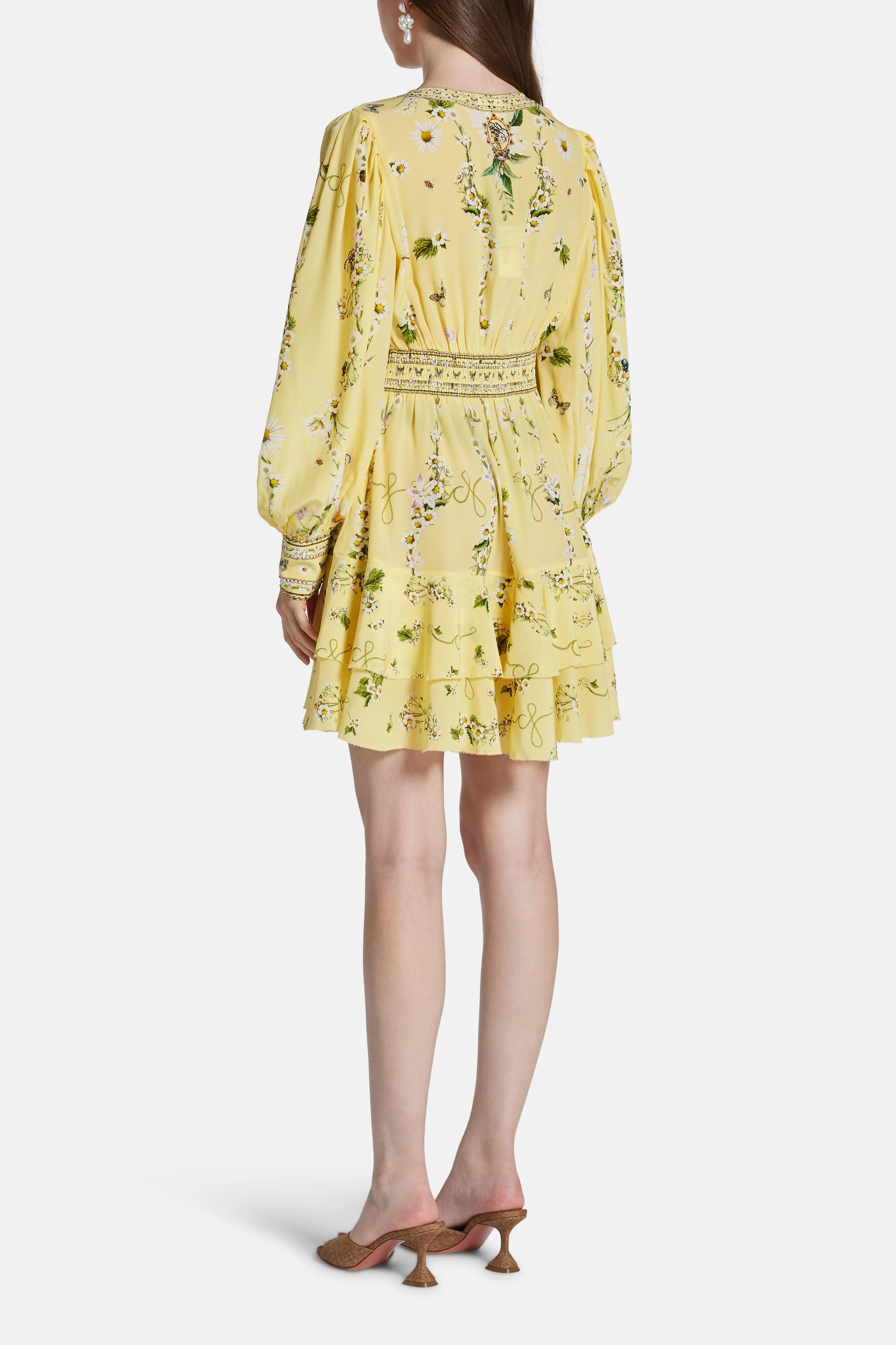 Daisy Chains Button Front Floral Frill Silk Mini Dress in Yellow