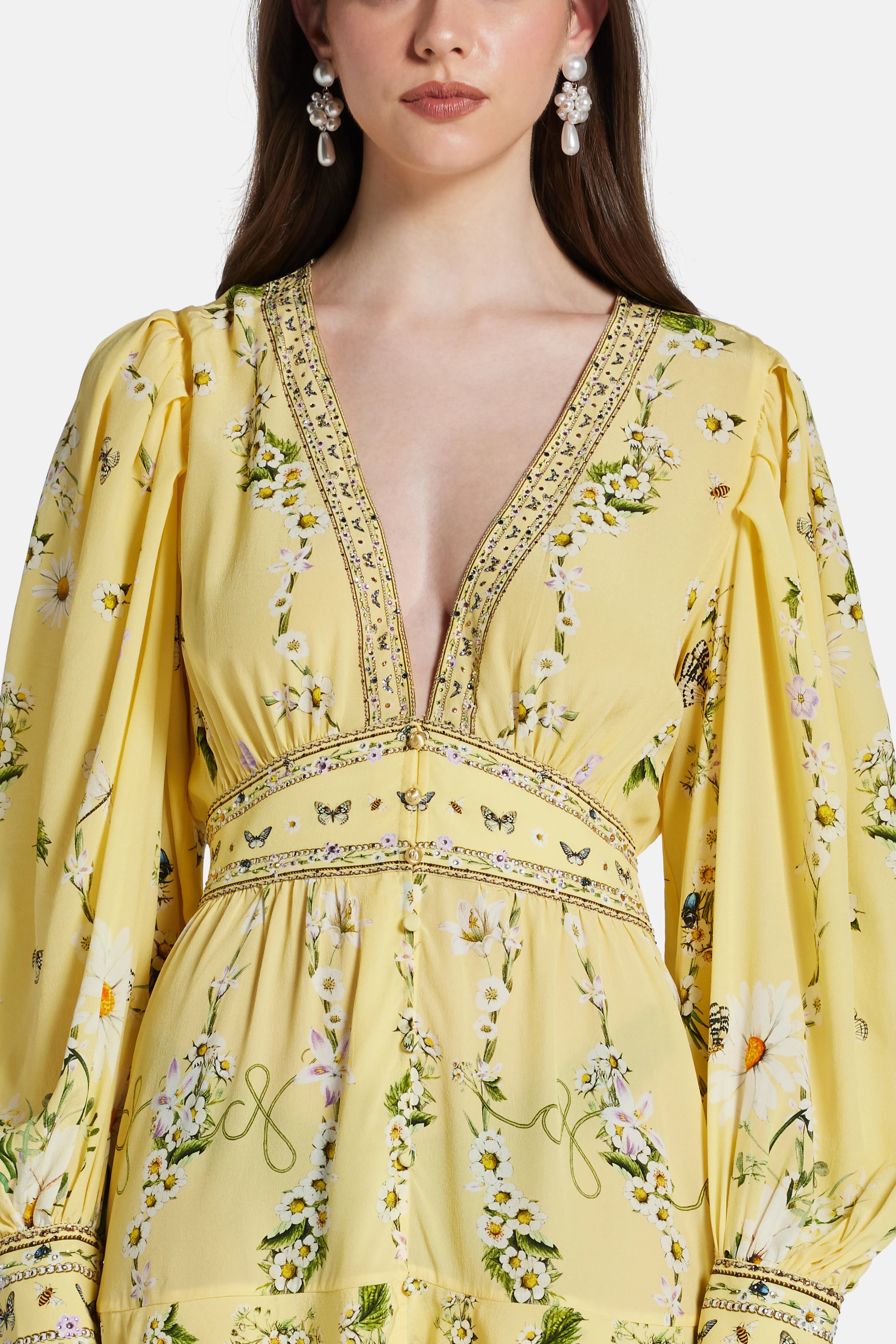 Daisy Chains Button Front Floral Frill Silk Mini Dress in Yellow