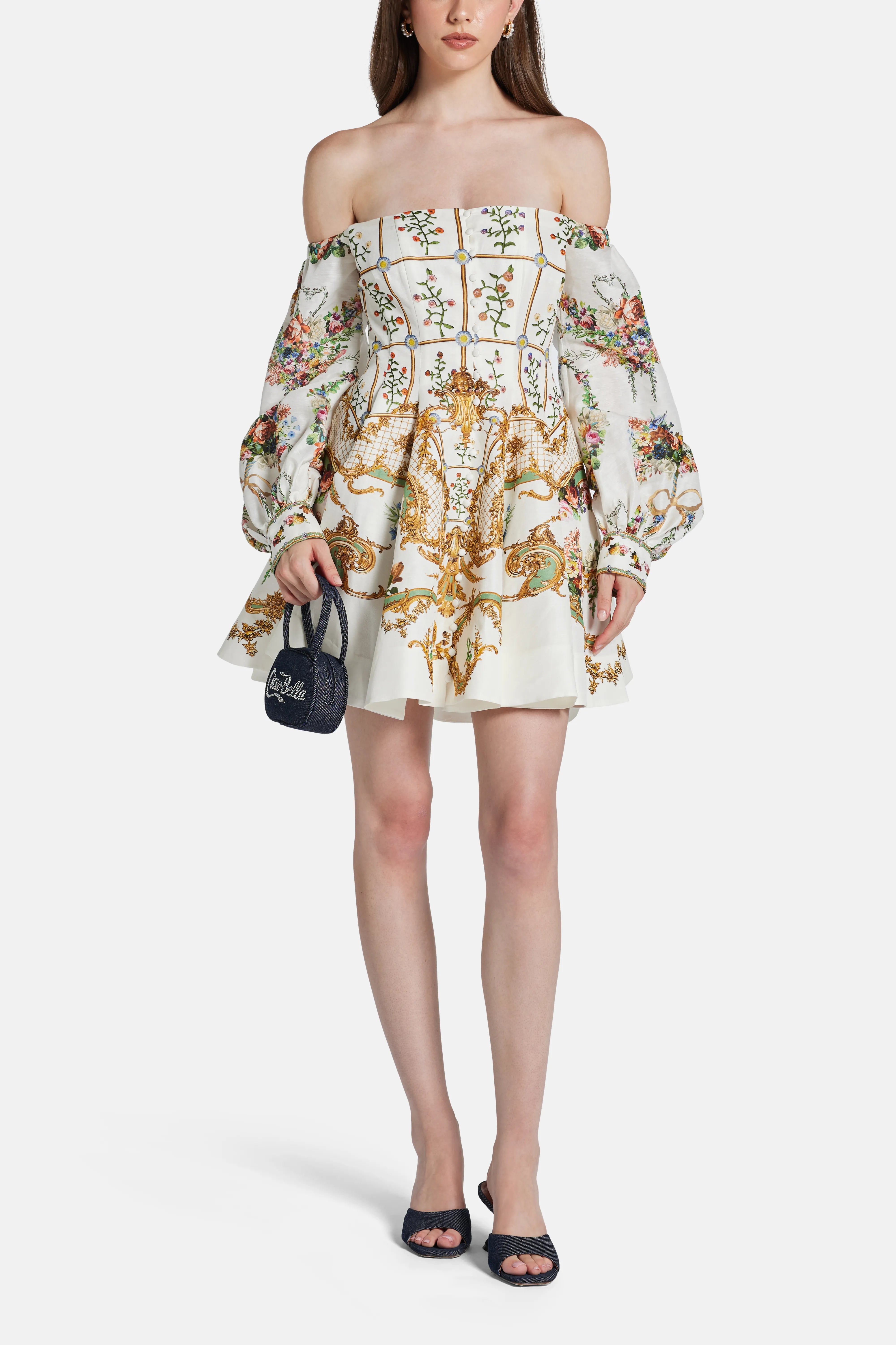 Dressing Room Drama Seamed Floral Linen Silk Off Shoulder Mini Dress in White