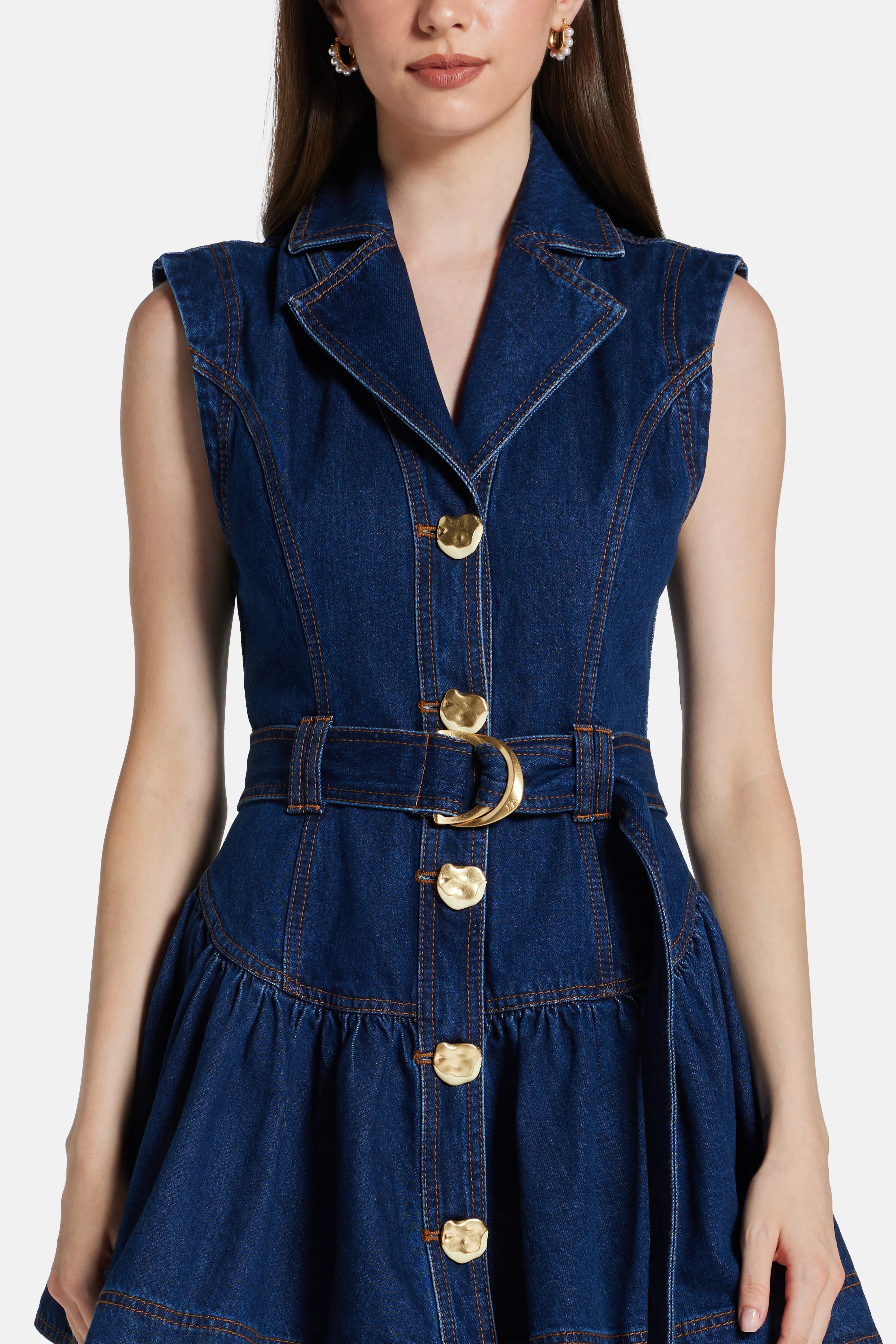 Elena Belted Cotton Denim Mini Dress in Blue