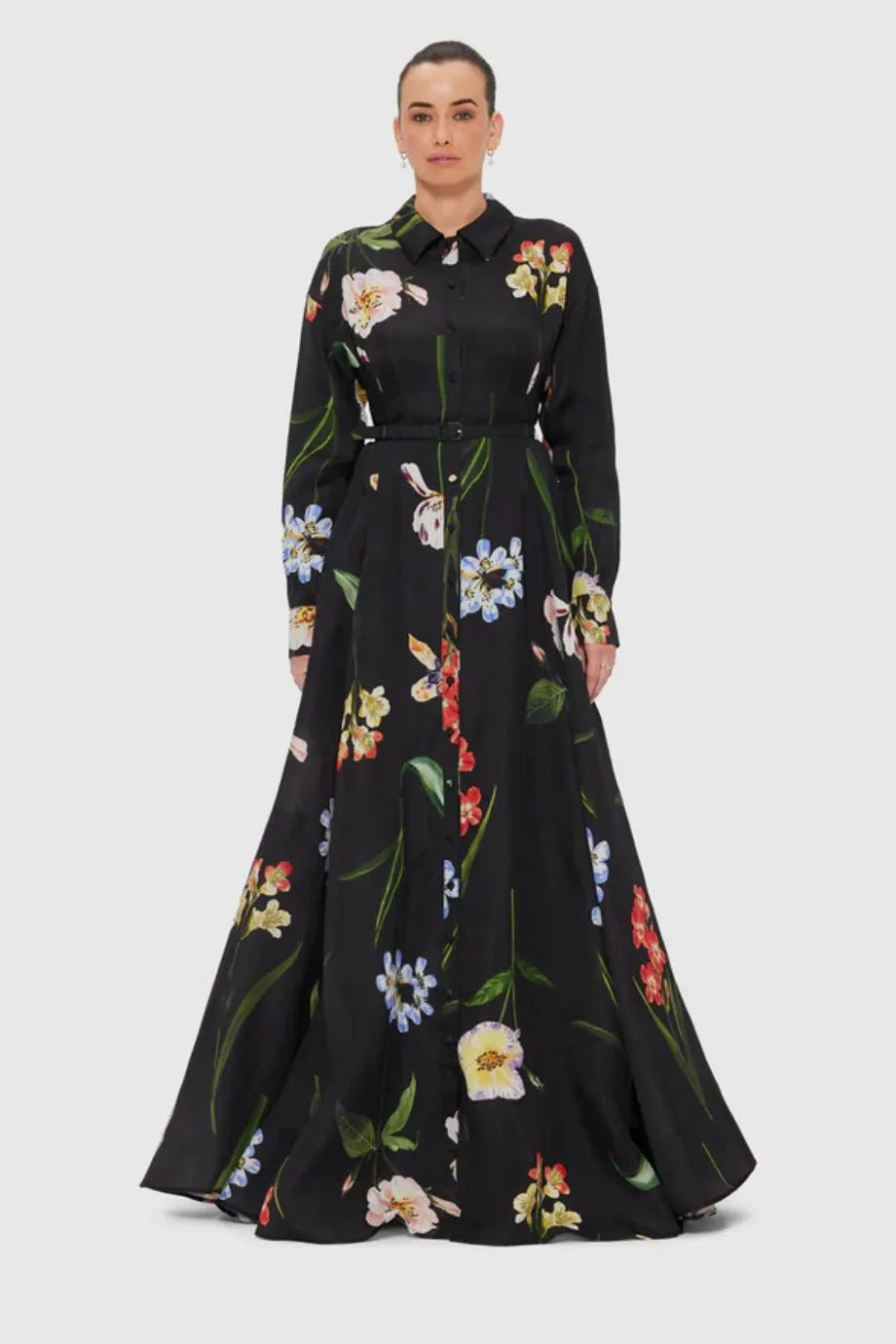 Josephine Botanical Print Silk Belted Maxi Dress in Black