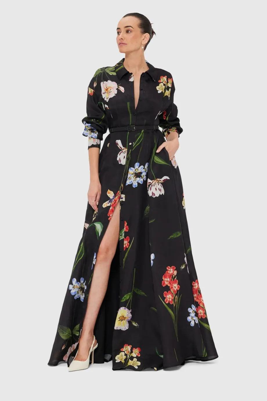 Josephine Botanical Print Silk Belted Maxi Dress in Black