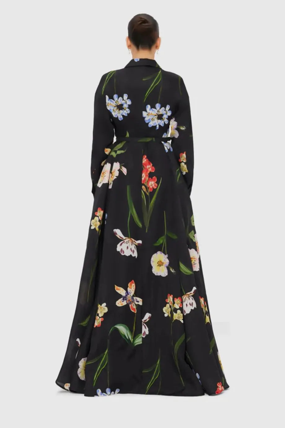 Josephine Botanical Print Silk Belted Maxi Dress in Black