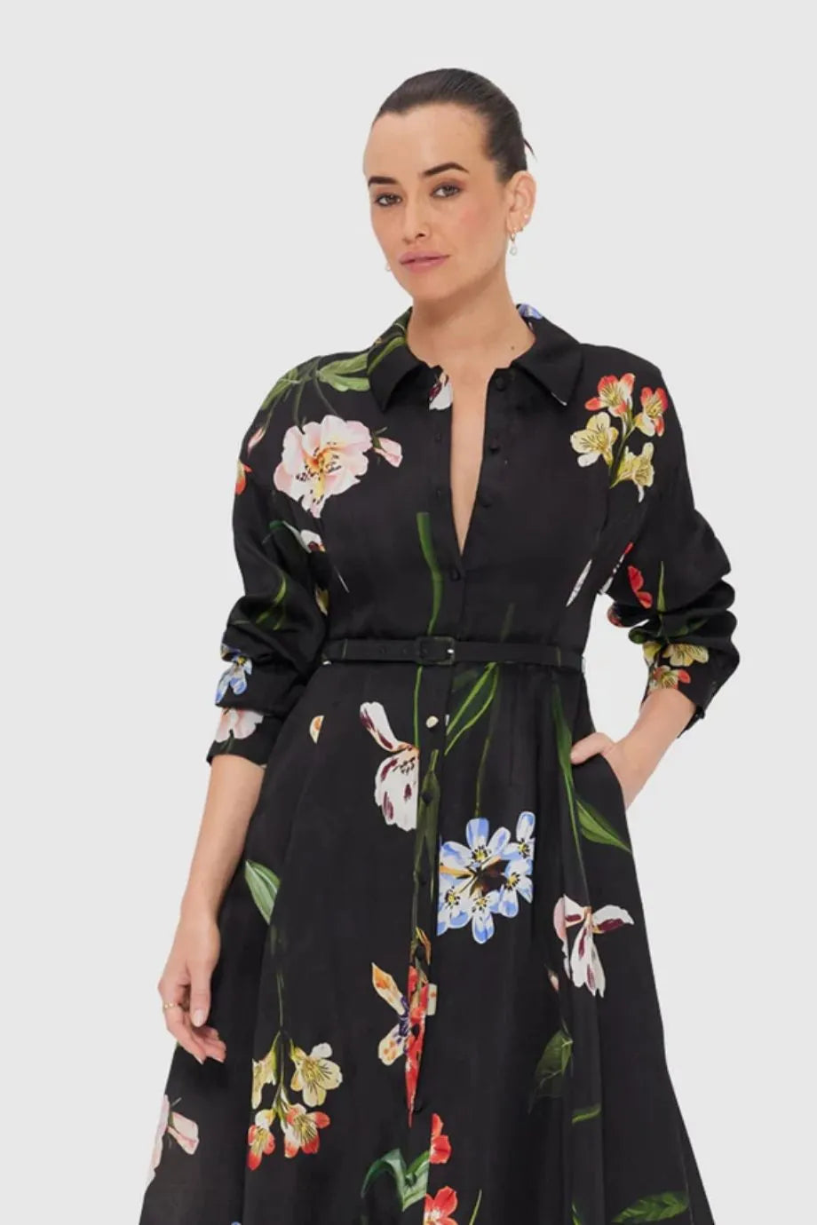 Josephine Botanical Print Silk Belted Maxi Dress in Black