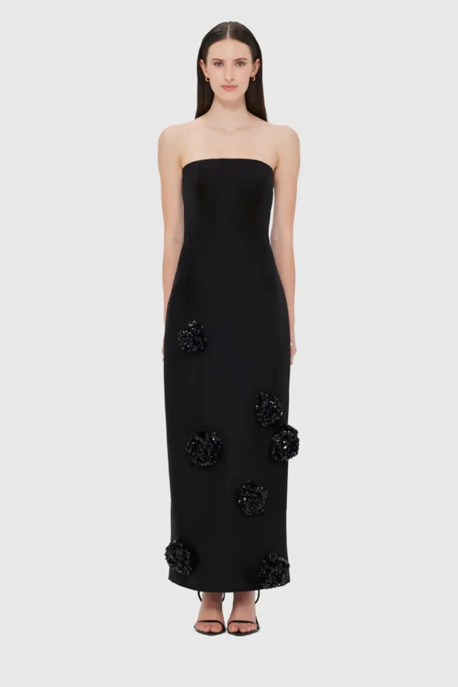 Rayna Embellished Wool Silk Blend Bustier Maxi Dress in Black