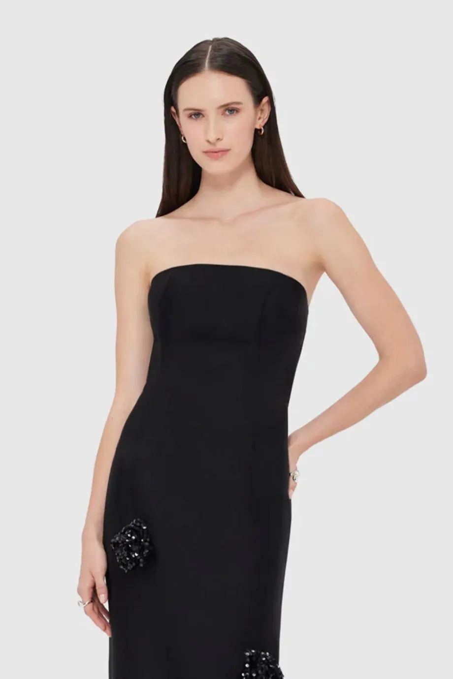 Rayna Embellished Wool Silk Blend Bustier Maxi Dress in Black