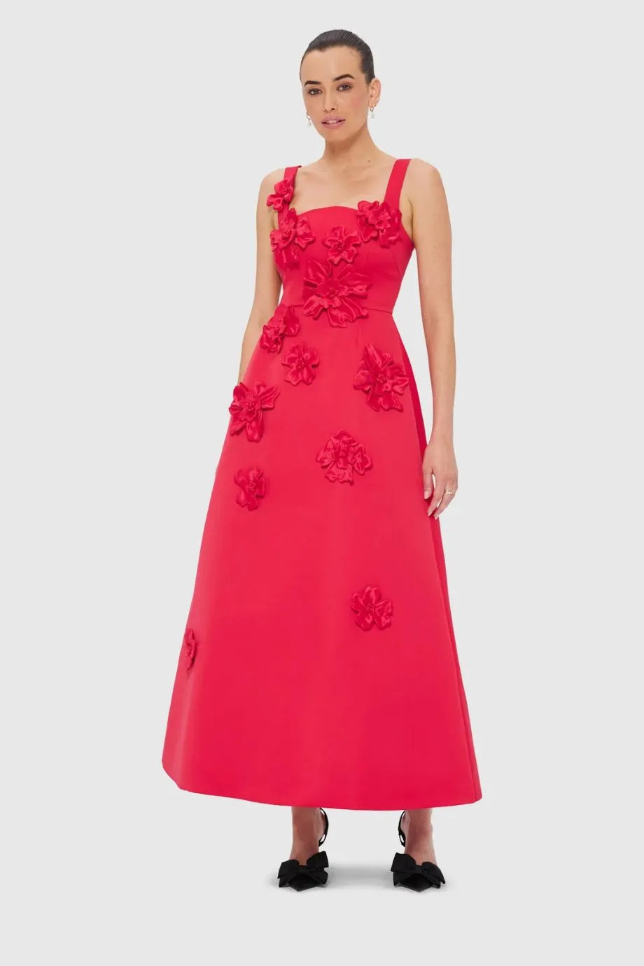 Rianne Floral Applique Sleeveless Maxi Dress in Red