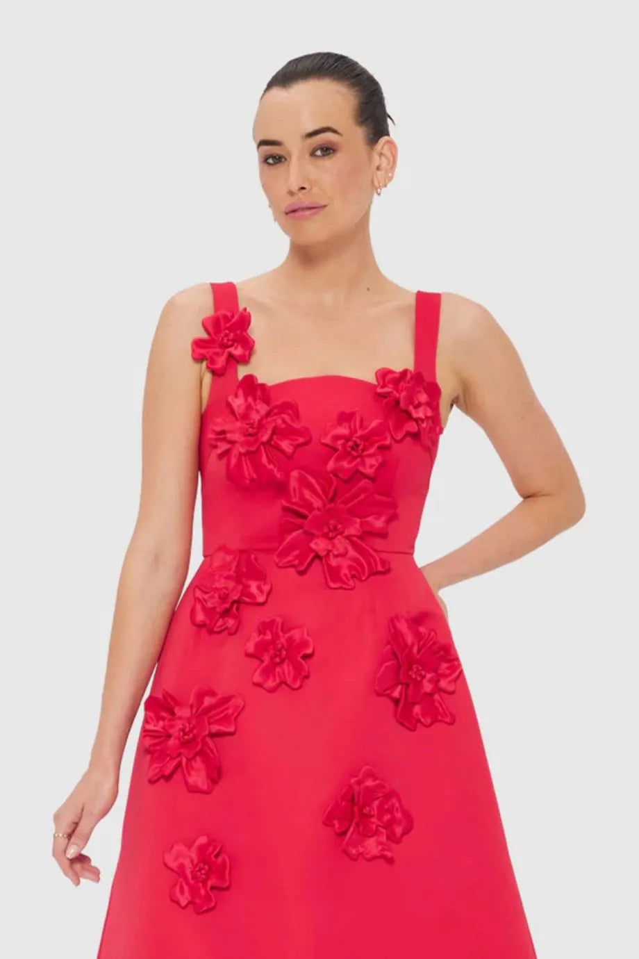 Rianne Floral Applique Sleeveless Maxi Dress in Red
