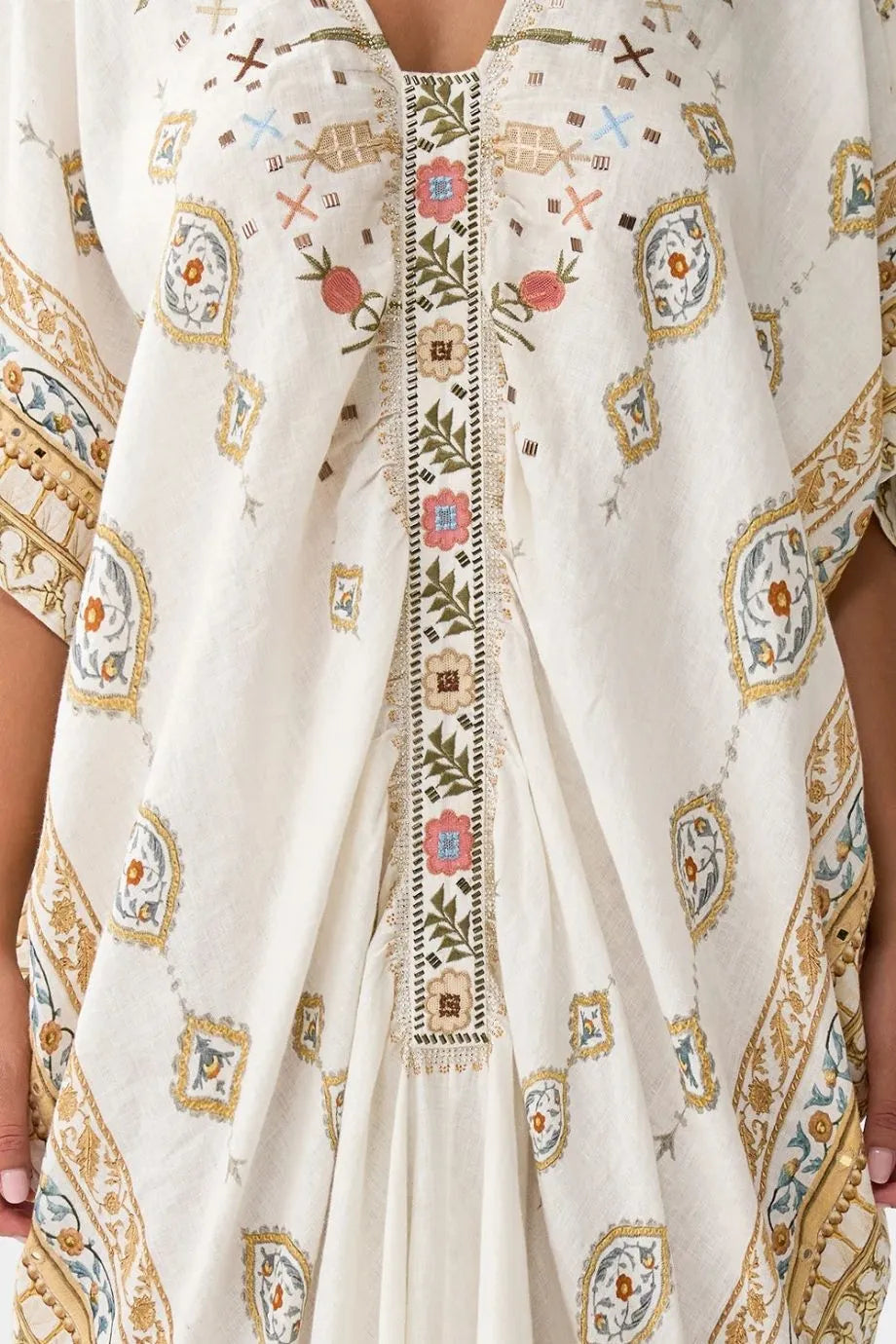 Ottoman Dynasty Floral Linen Kaftan With Front Tab Detail in Beige