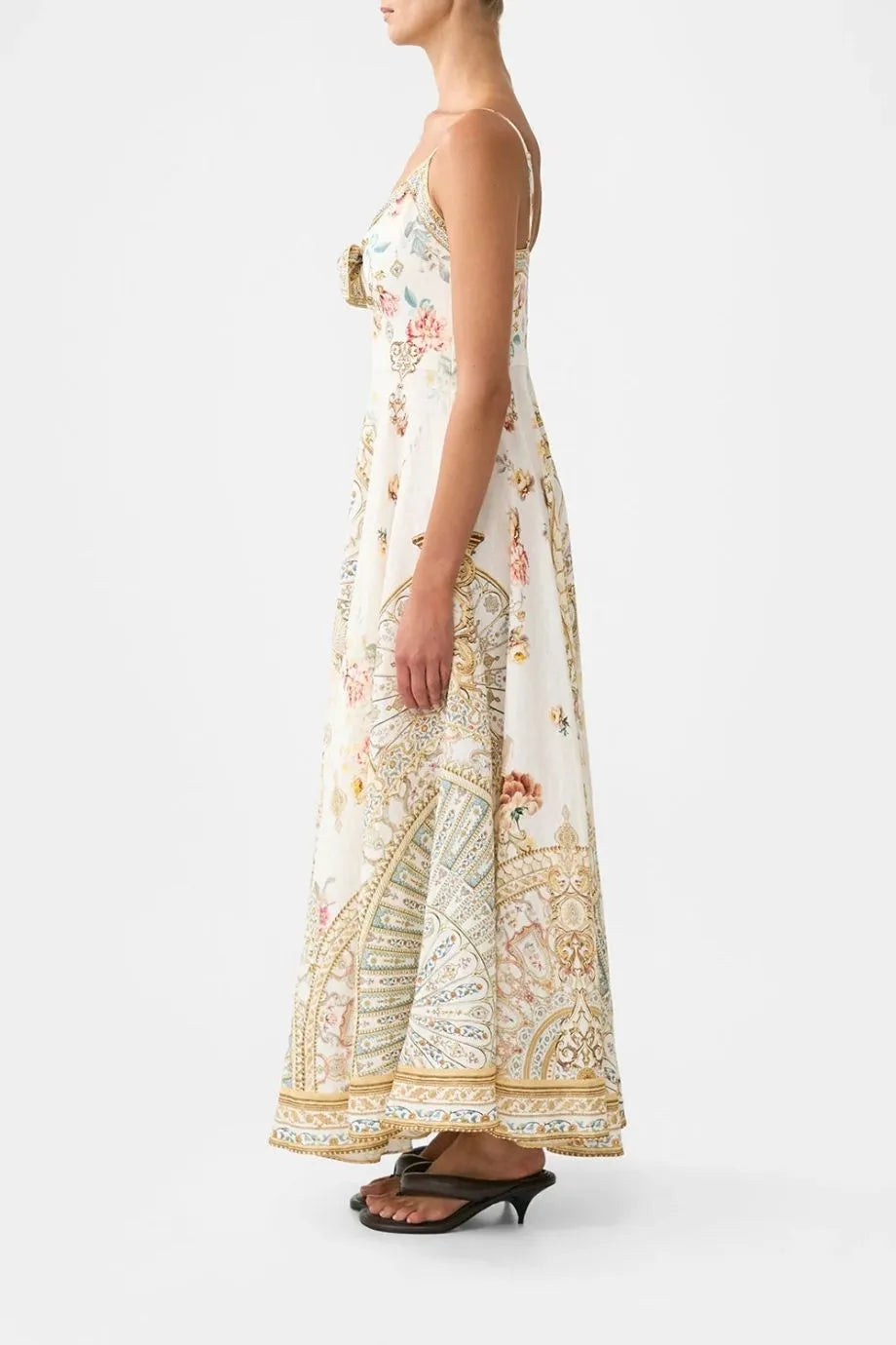 Ottoman Dynasty Floral Linen Maxi Dress With Tie Front in Beige