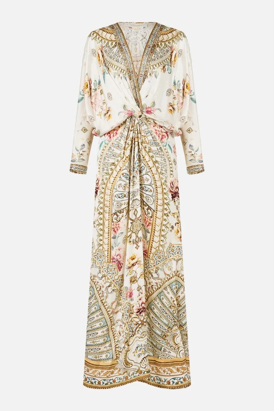 Ottoman Dynasty Floral Twist Front Batwing Silk Maxi Dress in Beige
