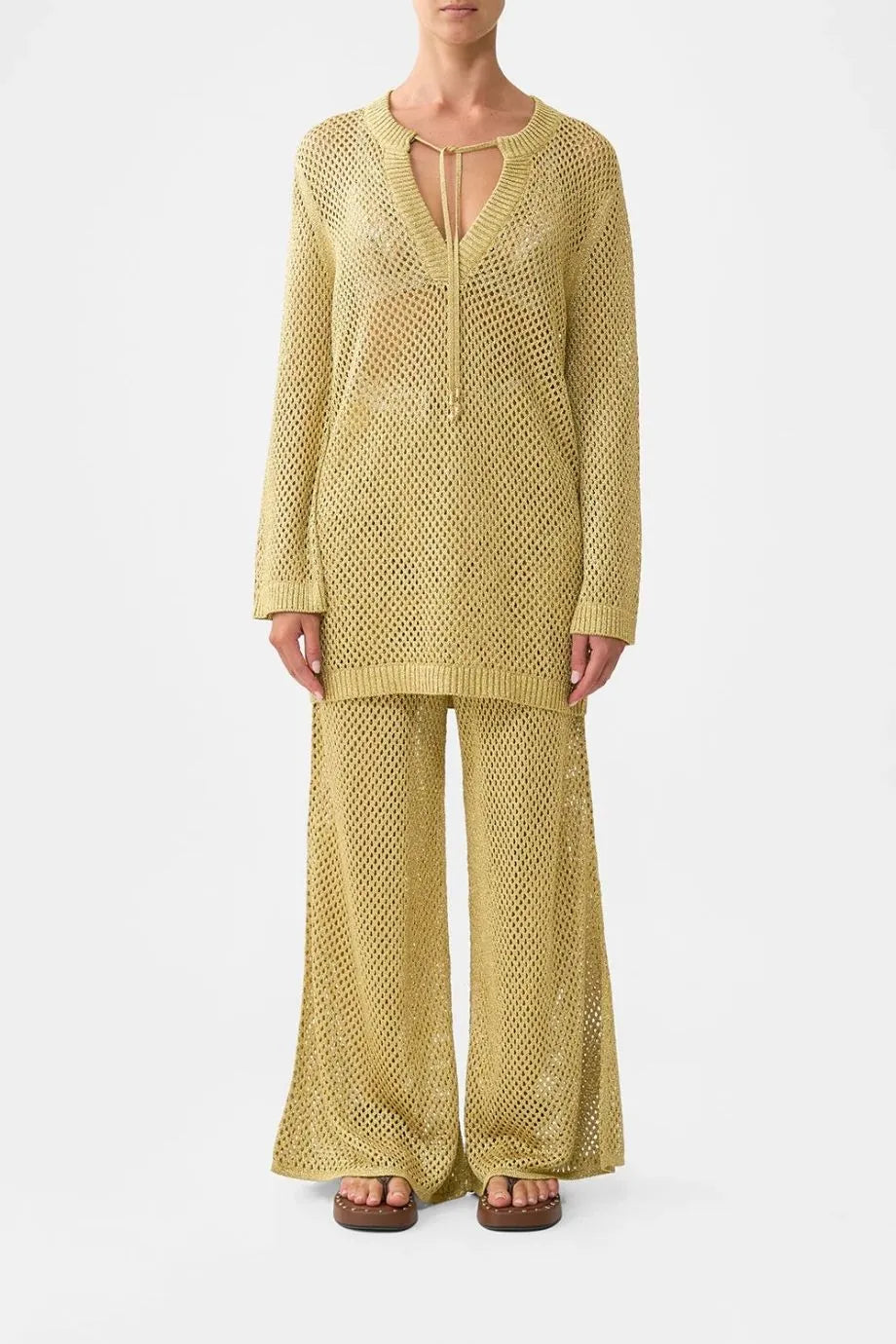 Ottoman Dynasty Knit Pointelle Tunic Top in Beige