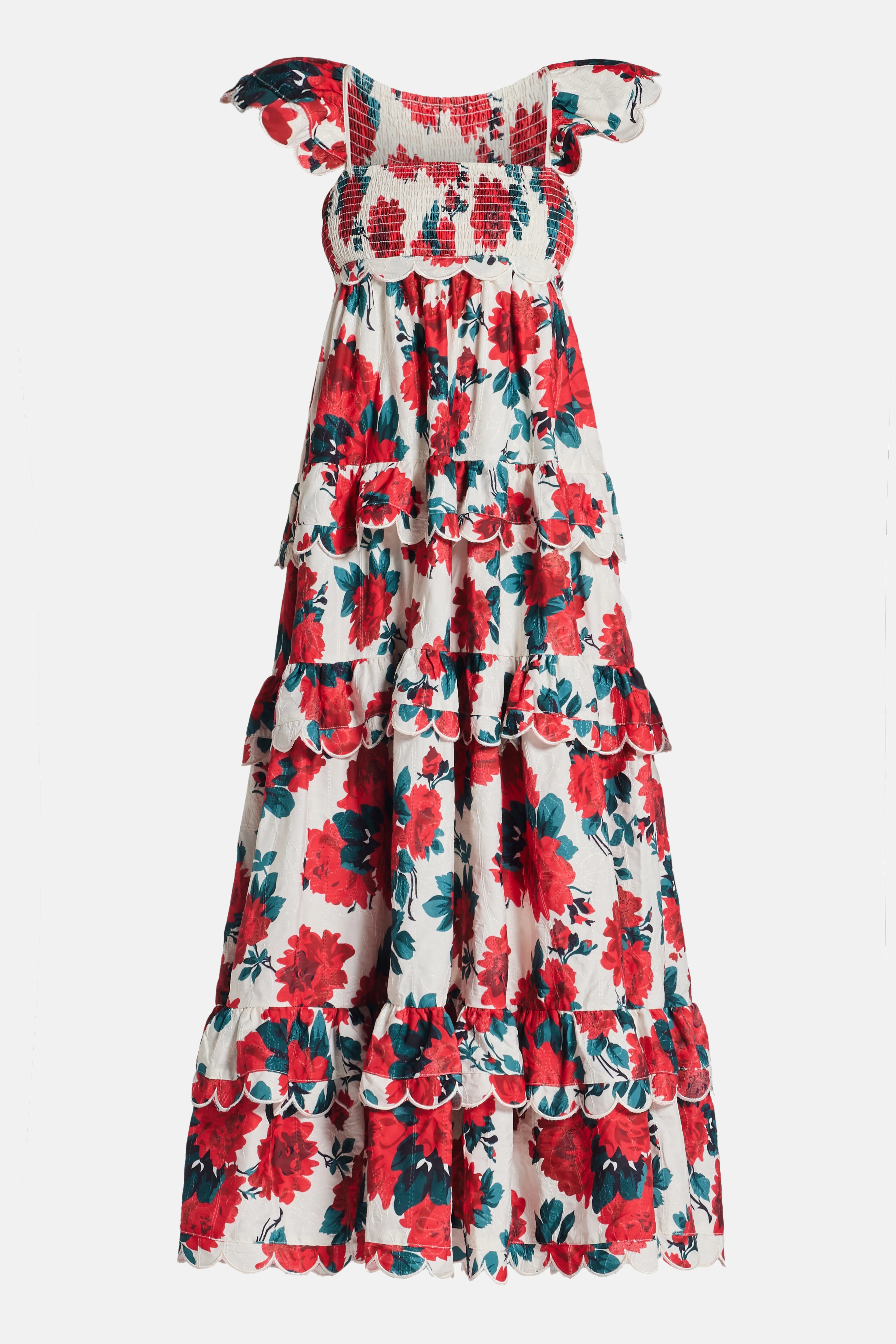 Monaco Tiered Scallop Detail Tie Back Floral Sleeveless Maxi Dress in Red