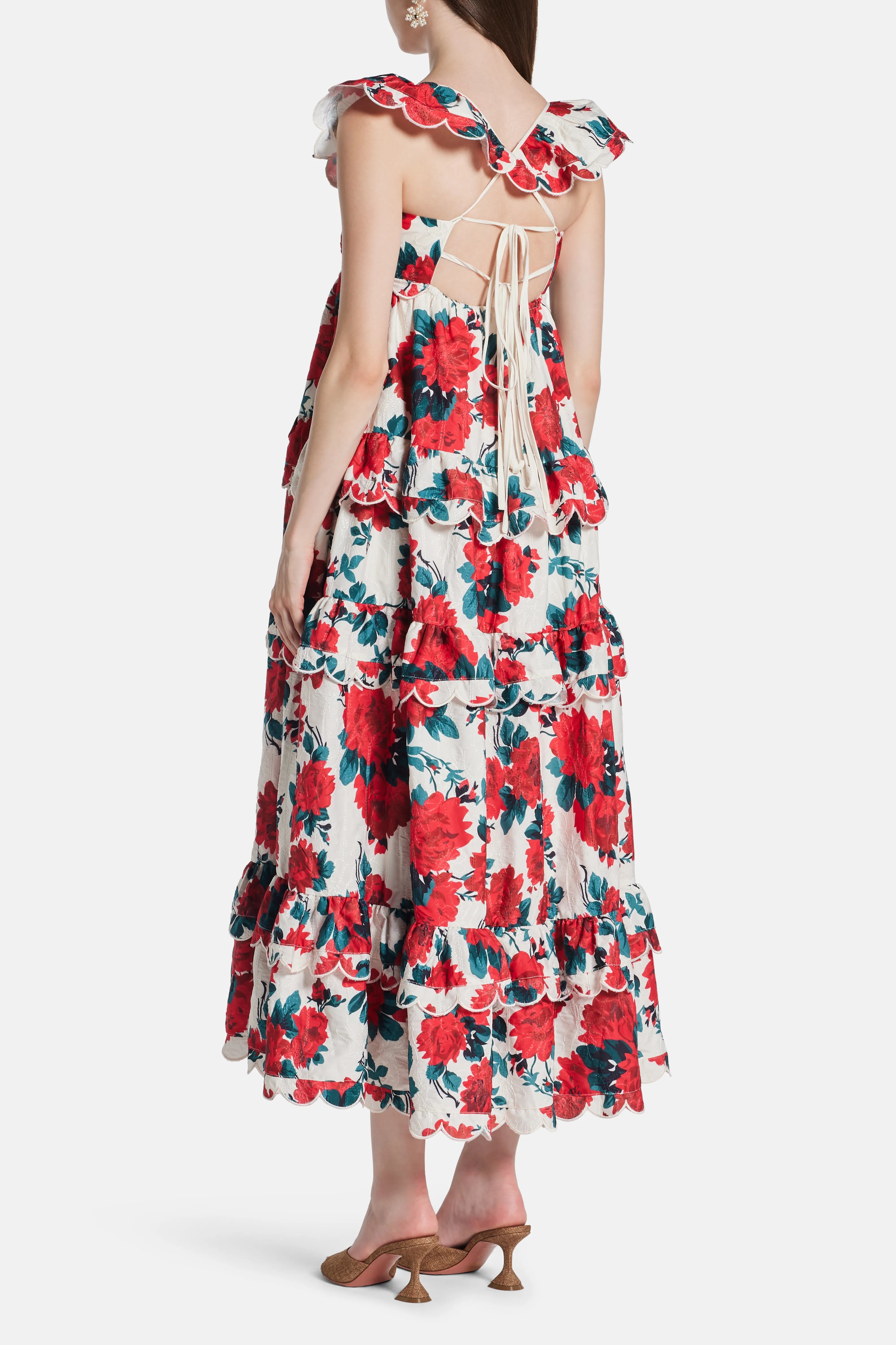 Monaco Tiered Scallop Detail Tie Back Floral Sleeveless Maxi Dress in Red