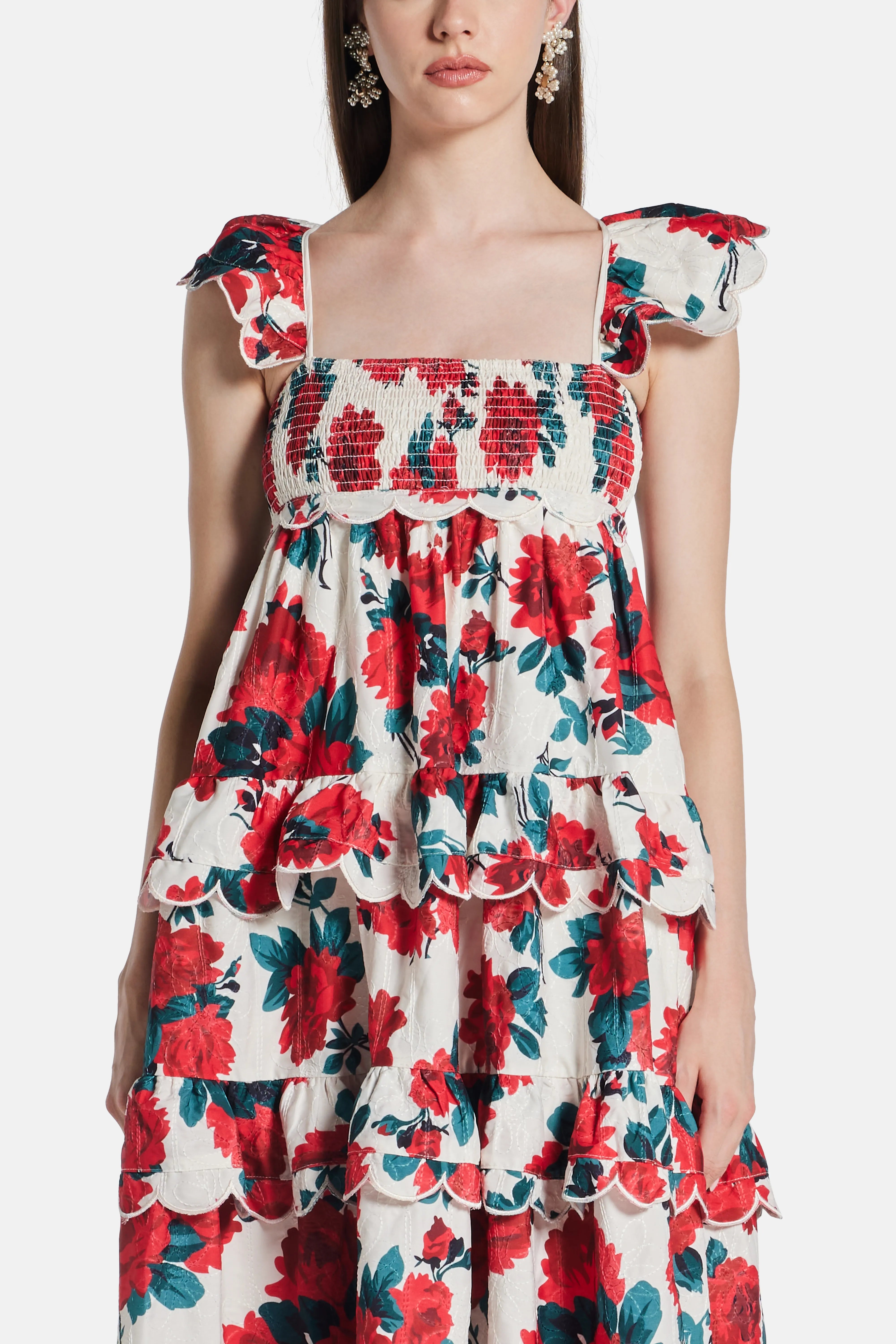 Monaco Tiered Scallop Detail Tie Back Floral Sleeveless Maxi Dress in Red